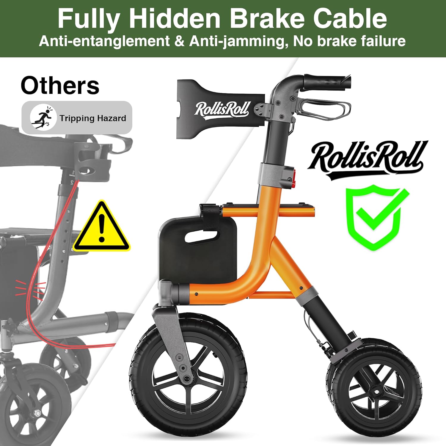 Walkers for Seniors, Rollator Walker with Seat, 12" Big Rubber Wheels All Terrain Rolling Walker with Backrest, Foldable Rollator Walker, Reinforced Aluminum Frame, Built-in Cable, Orange