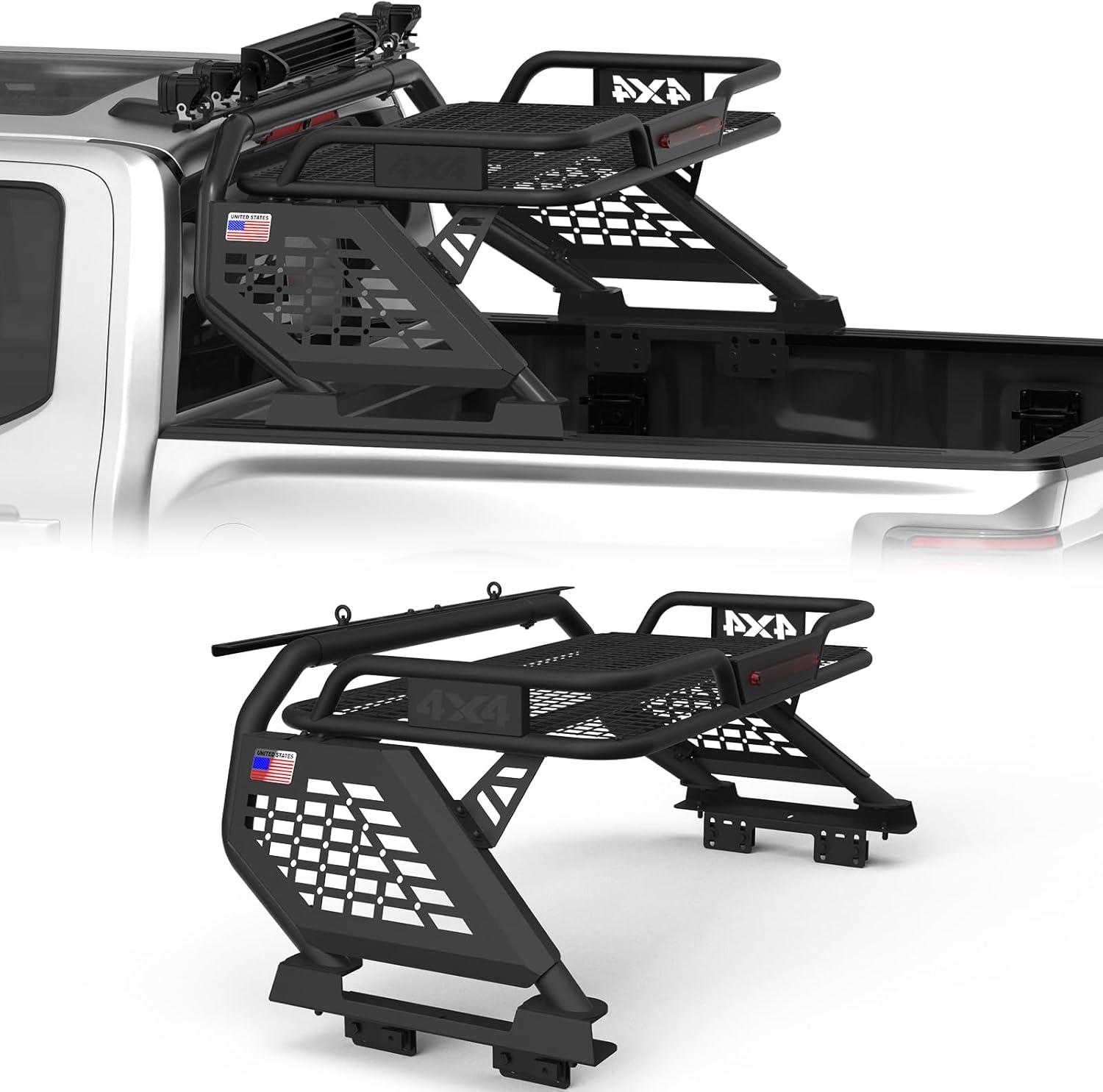 Basket Roll Bar for Full-Size Trucks with Cargo Basket, Brake Light, Light Mount | Non-Drill Installation for F-150/250/350, Silverado Sierra Ram 1500/2500/3500, Tundra, Titan XD (Full-size Truck)