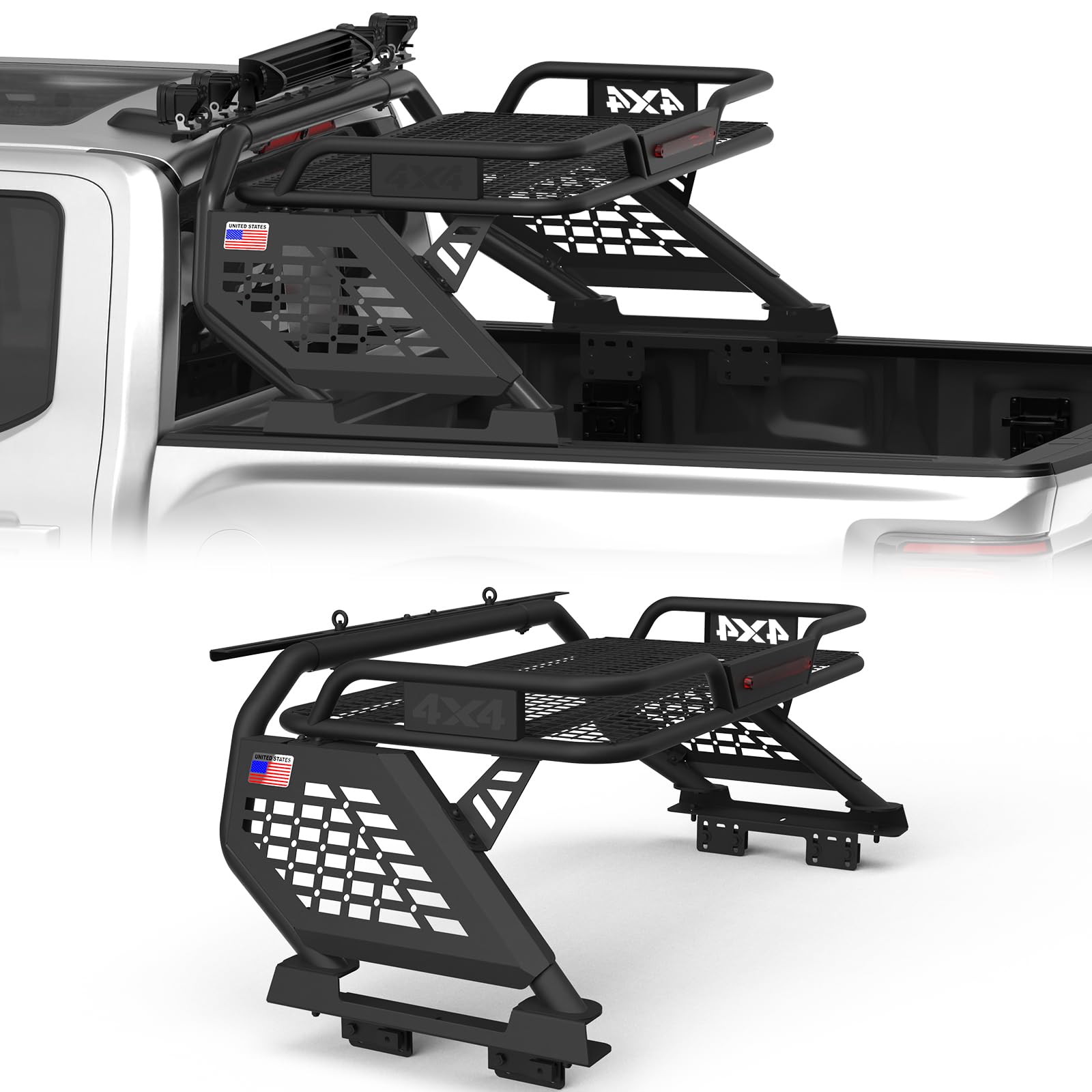 Basket Roll Bar for Full-Size Trucks with Cargo Basket, Brake Light, Light Mount | Non-Drill Installation for F-150/250/350, Silverado Sierra Ram 1500/2500/3500, Tundra, Titan XD (Full-size Truck)