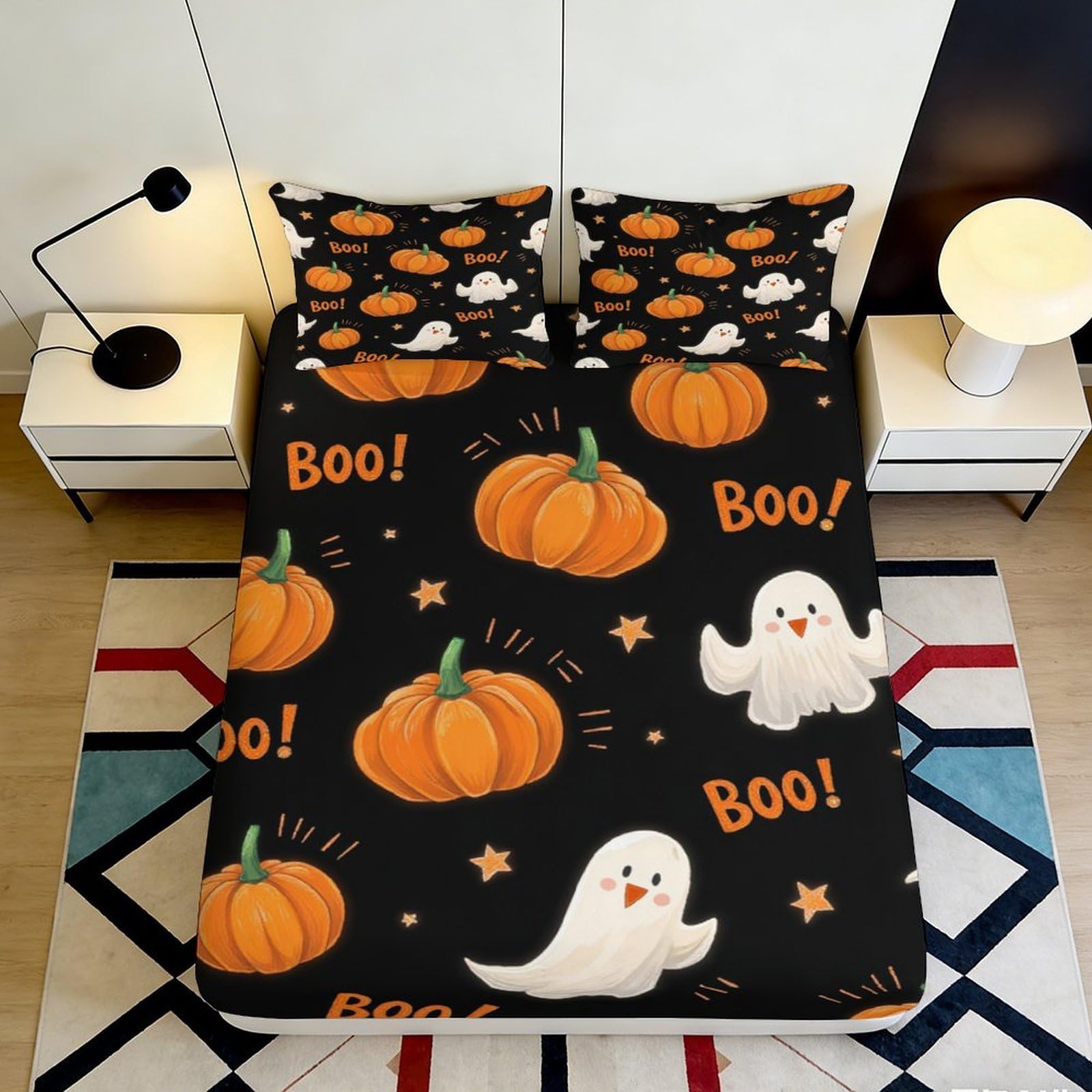 3D Printed Halloween Pumpkin Fitted Sheet Microfiber Soft Boo Ghost Bed Sheet Non-slip Mattress Cover for Bedroom Decor 140x200x25cm