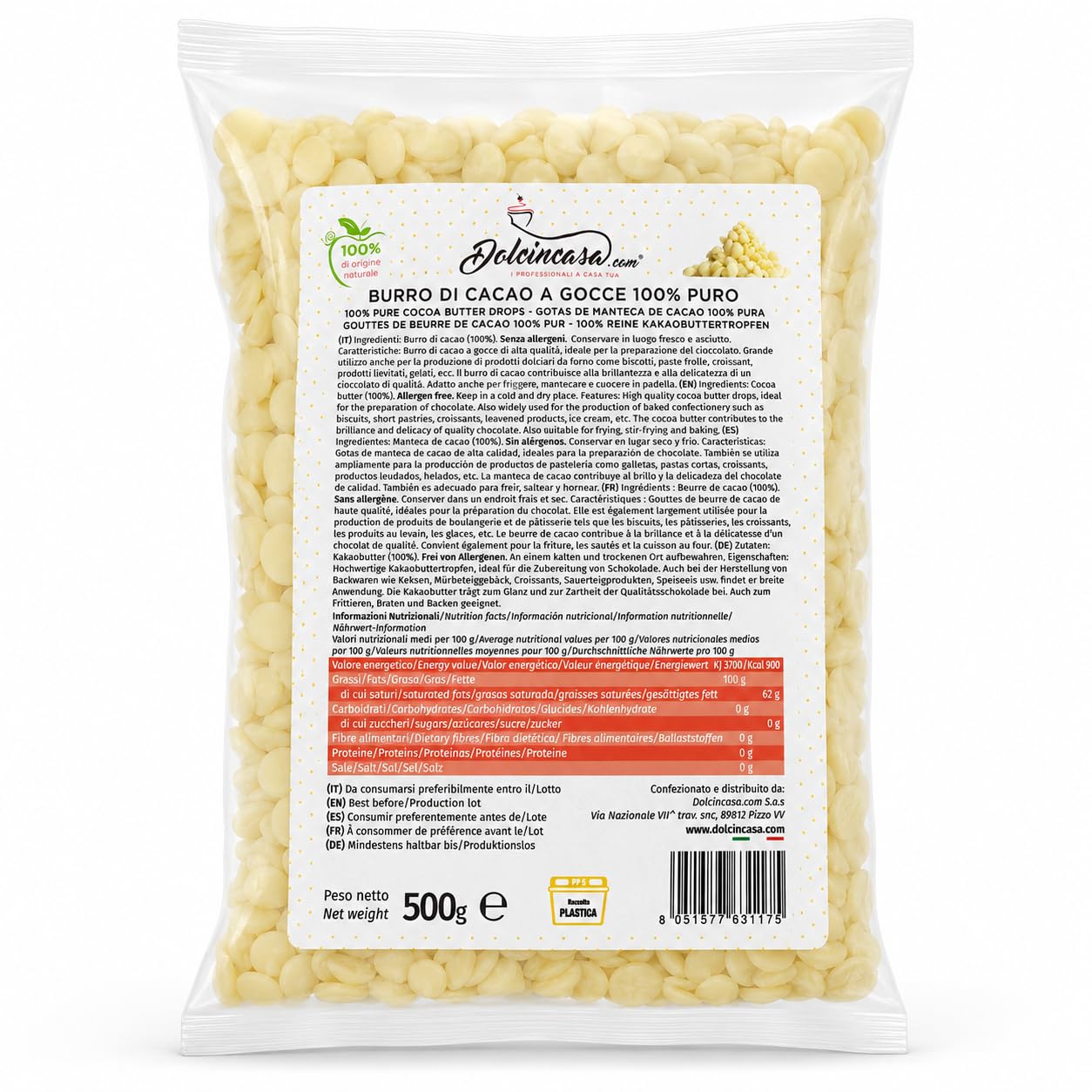 Dolcincasa Burro di Cacao a Gocce 100% Puro 500 g, per Cioccolato, Dolci da Forno, Biscotti, Frolle, Croissant e Pasticceria