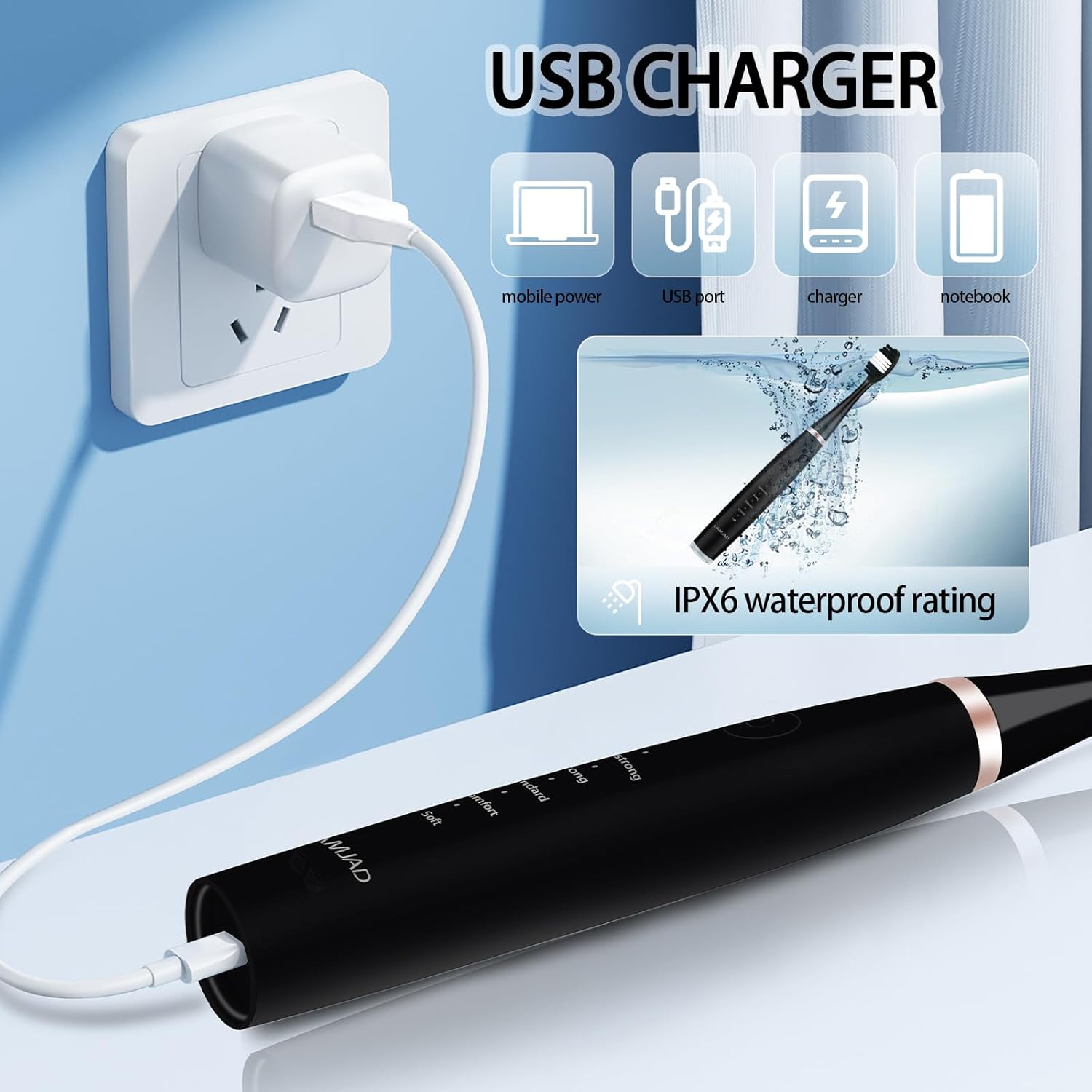 LAMJAD Electric Toothbrush being charged via USB cable, showing compatibility with various USB power sources and IPX6 waterproof rating.
