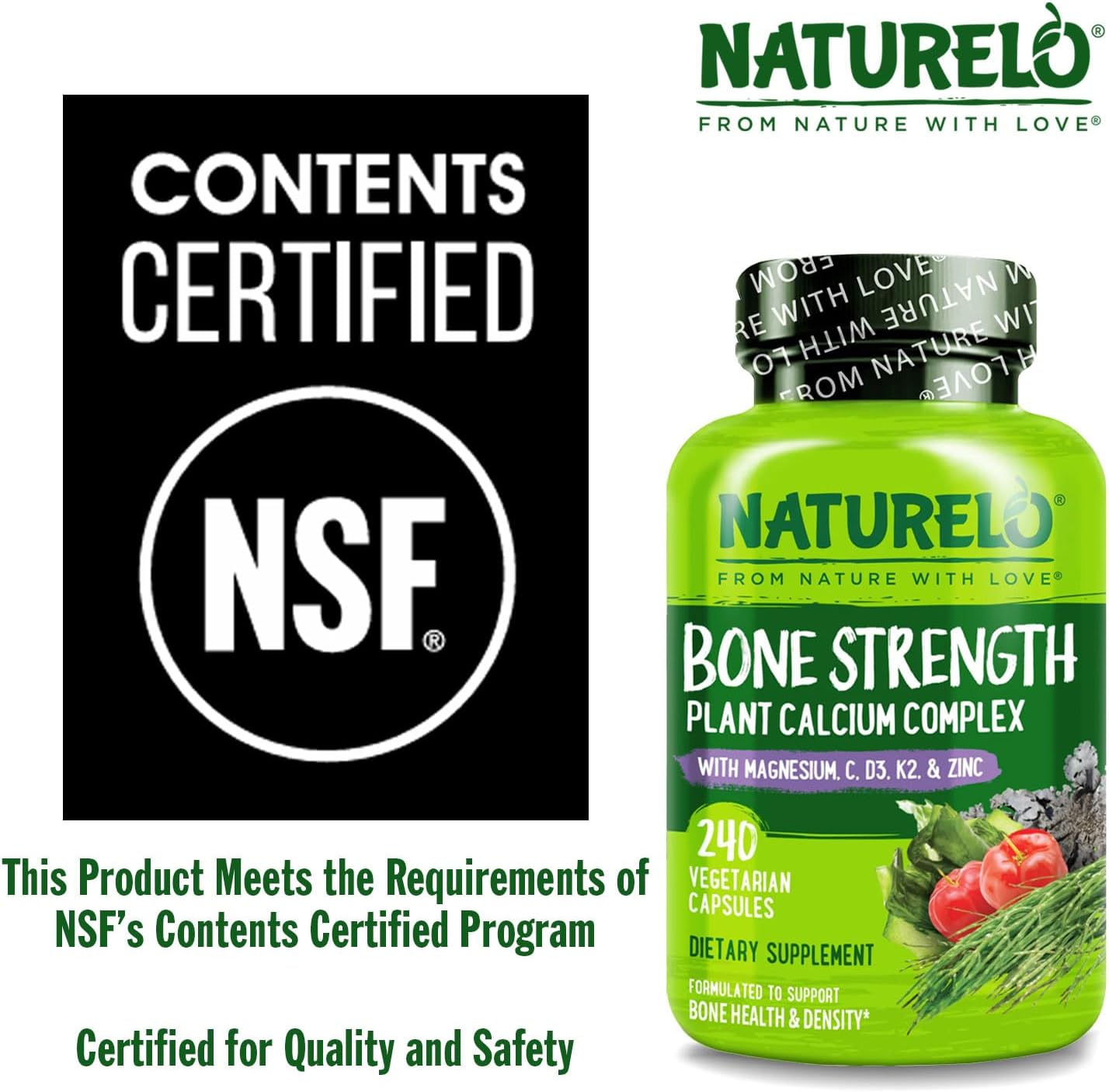 NATURELO Calcium Supplement with Vitamin C, D3, K2, and Magnesium Zinc for Bone Strength, 240 Vegetarian Capsules, with Calcium 600mg, Non-GMO, Plant-Based, Soy & Gluten-Free - Image 5