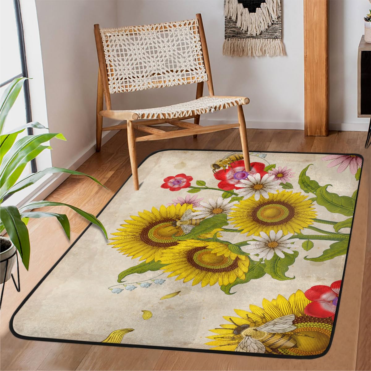 Tapis lavable en machine pour salon et chambre Bee Sunflower 122x160