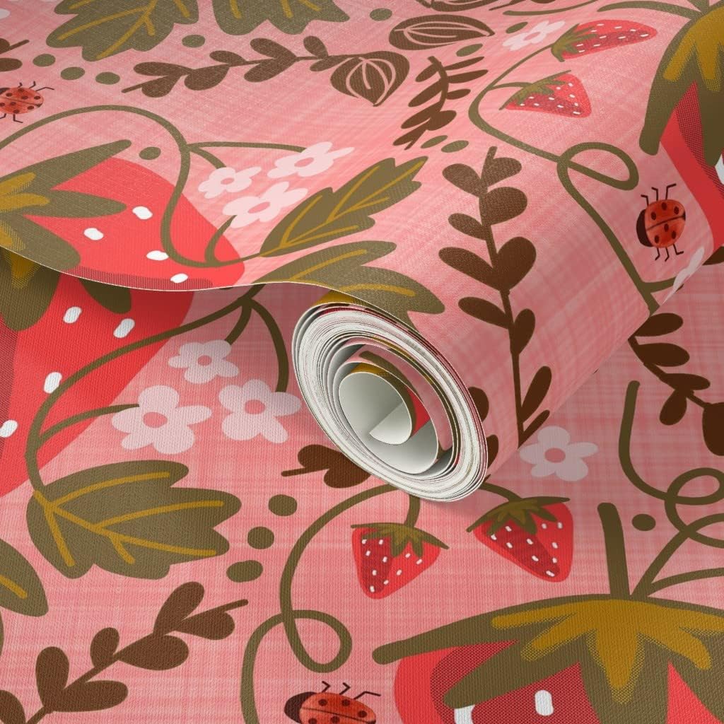 Peel & Stick Wallpaper 3ft x 2ft - Strawberry Damask Mustard Pink Floral Happy Sweet Custom Removable Wallpaper by Spoonflower