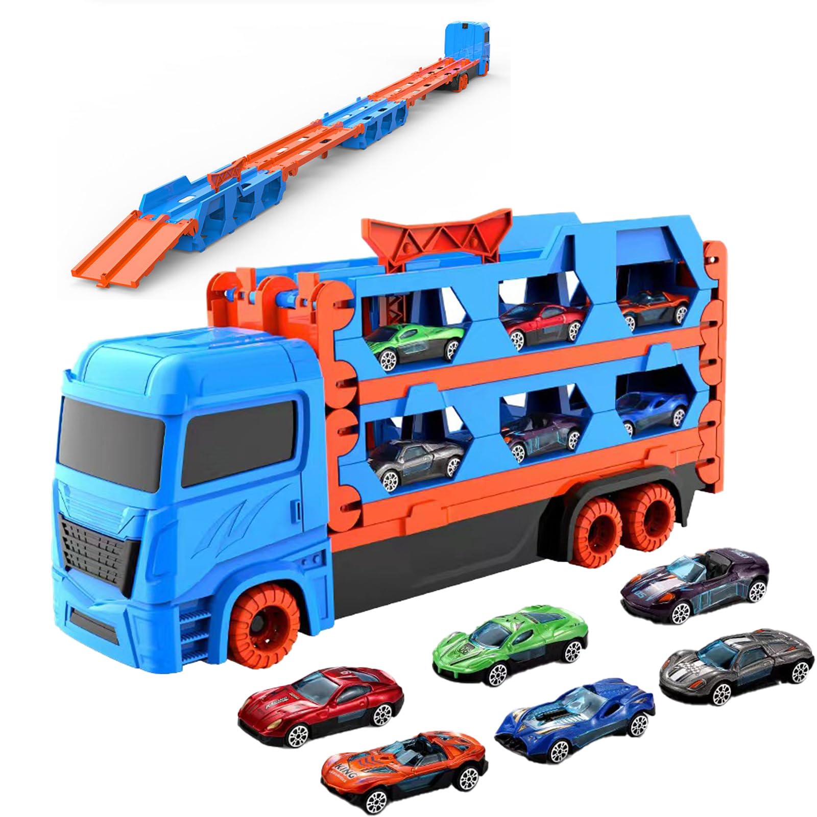 Camiones de Juguete para Niños,Camión De Transporte Juguetes Coches para Niños Edades 3 4 5 6 Años, Camión de Transporte con 6 Coches De Carreras,Regalo para niños de 3 años en adelante