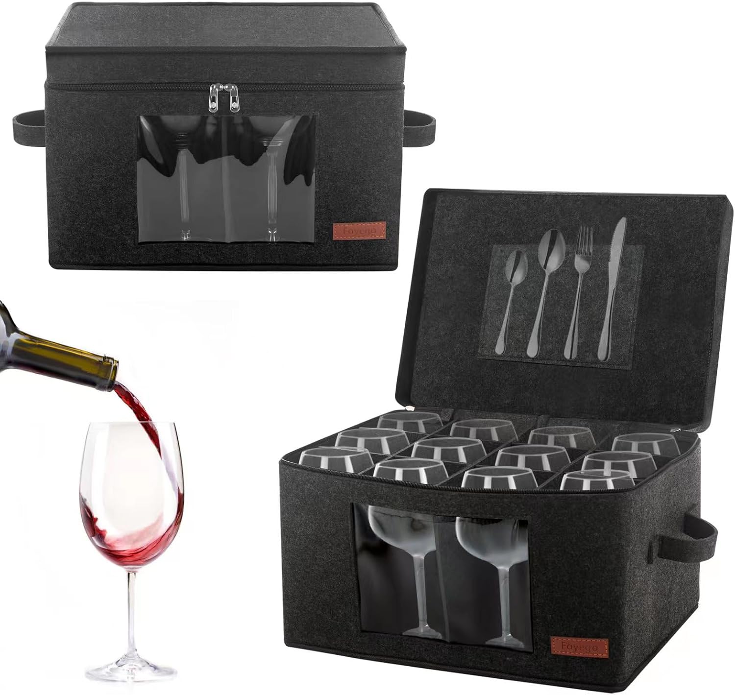 2 Pack Wine Glass Storage Box with Dividers, Stemware Storage Containers for Packing and Moving, China Storage Containers Box for 12 Crystal Glassware, Wine Glasses, Drinkware,Dark Gray DARK GRAY 2 Pack Wine Glass Storage
