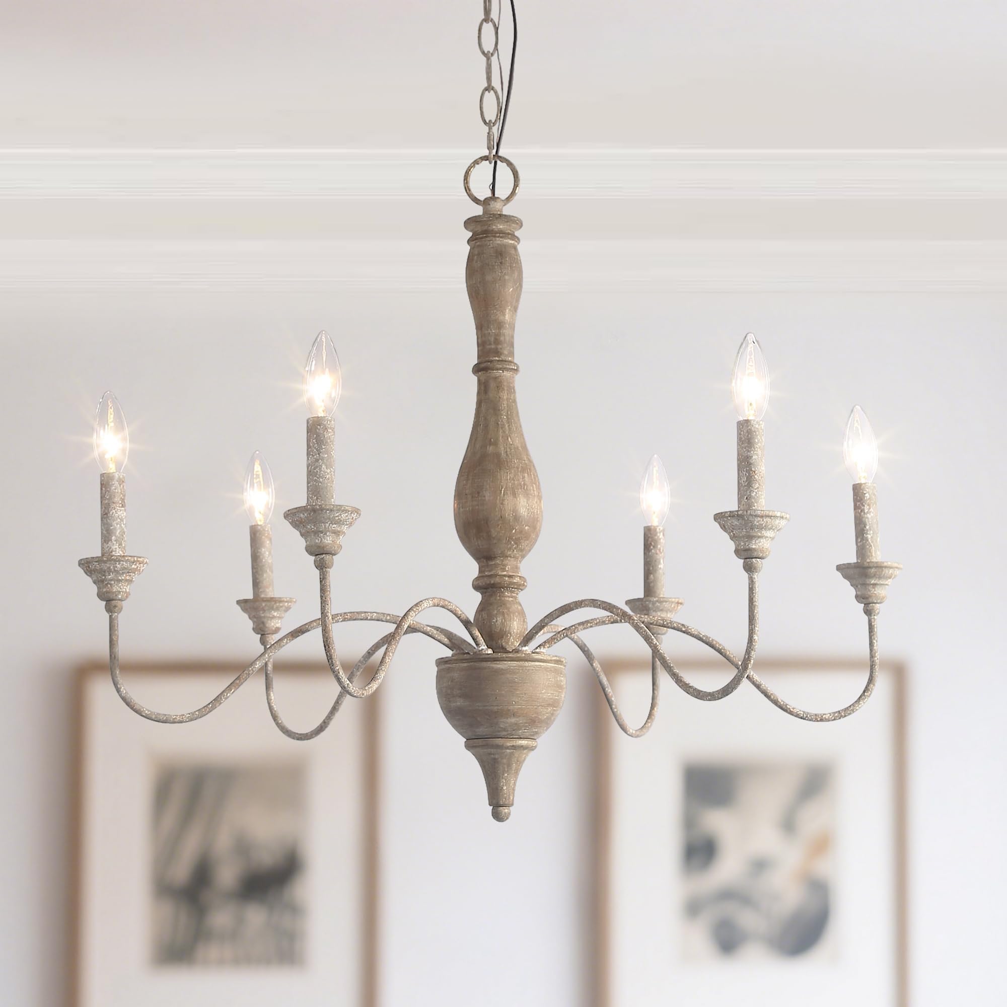 Farmhouse Chandelier, 6-Light French Country Wood Lighting for Dining Room, Distressed Shabby Chic Chandelier, Cloud Arms in Rusty Metal Finish for Living Room, Bedroom
