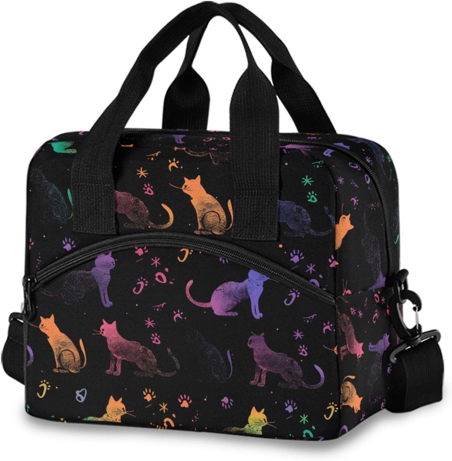 Cat Colorful Black Lunch Bag, Insulated Lunch Tote Bags Cooler Reusable Lunch Box Food Container with Adjustable Shoulder Strap for Women Men Adults