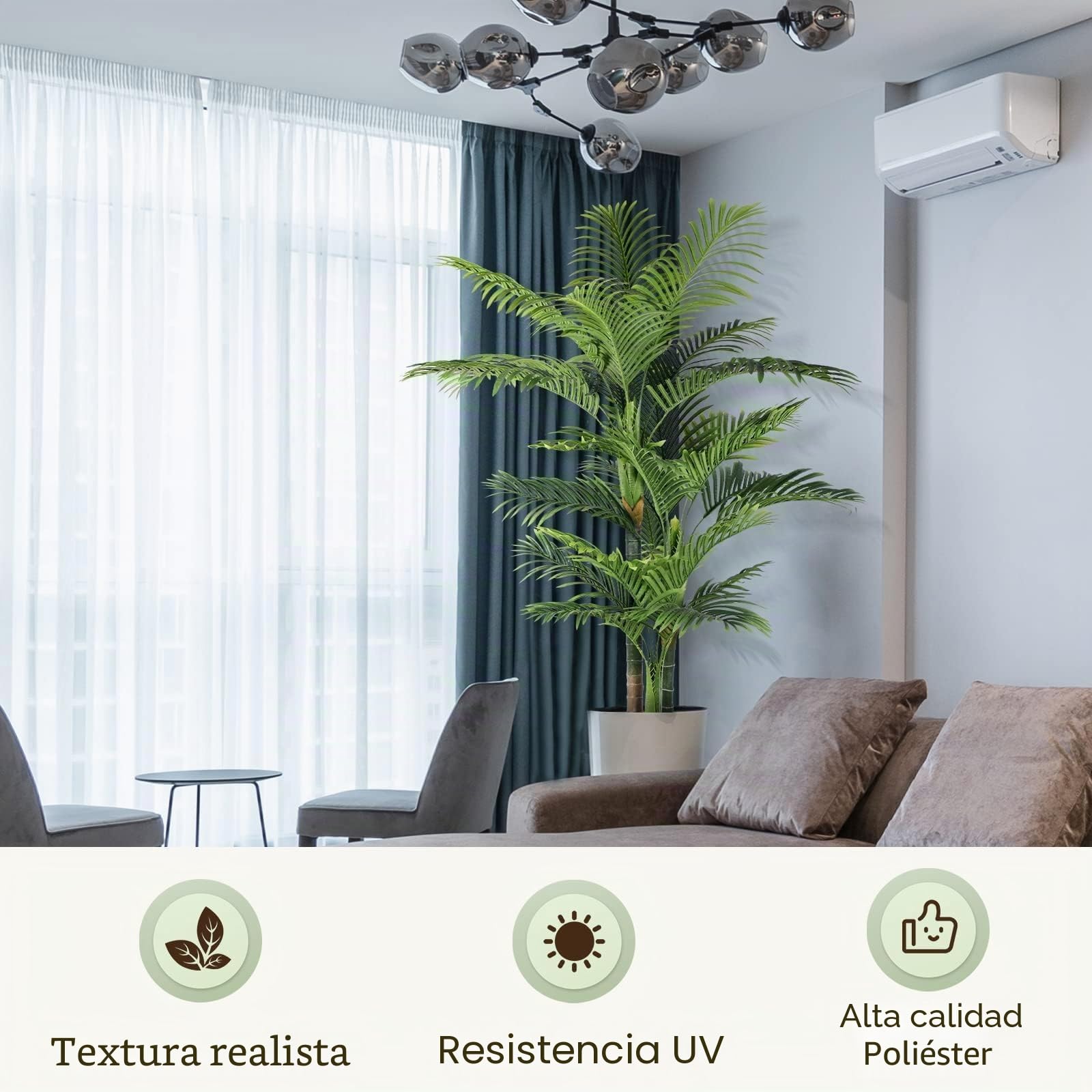 Palmera Artificial Triple Dorado 180cm, Planta Artificial Exterior Grande, arbol Artificial Interior o Exterior Alta para Patio Junto a la Piscina Césped Oficina Salón Balcón Jardín (1Pack)