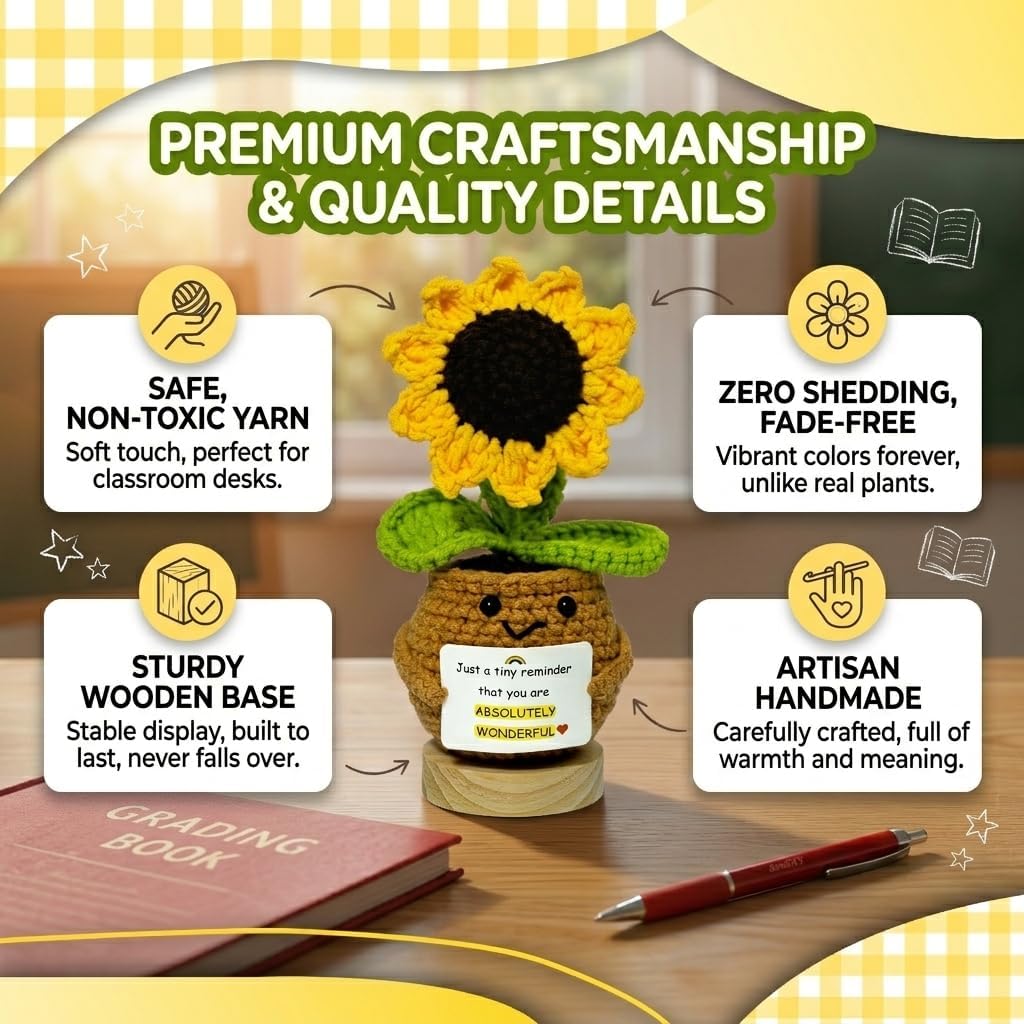 Emotional Support Crochet Sunflower - Cute Positive Desk Decor & Positivity Buddy, Unique Teacher Appreciation Gifts for Women, Coworkers, Friends - Handmade Plant (S5)