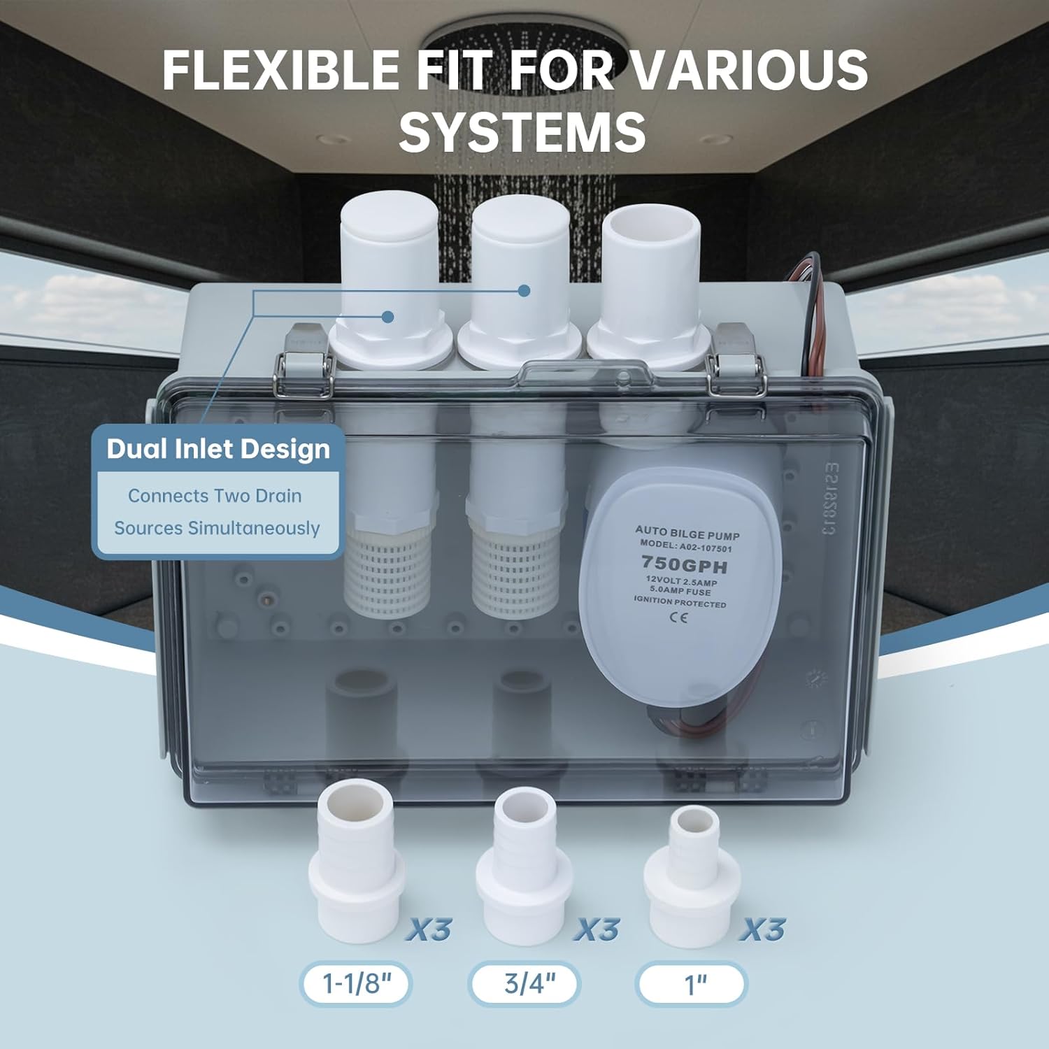 12V Automatic Shower Sump Pump Box, Zuomeng 750GPH High-Flow Drain Pump with Threaded Strainer & 3 Hose Adapters (3/4", 1", 1-1/8") for Boat Shower Water Discharge