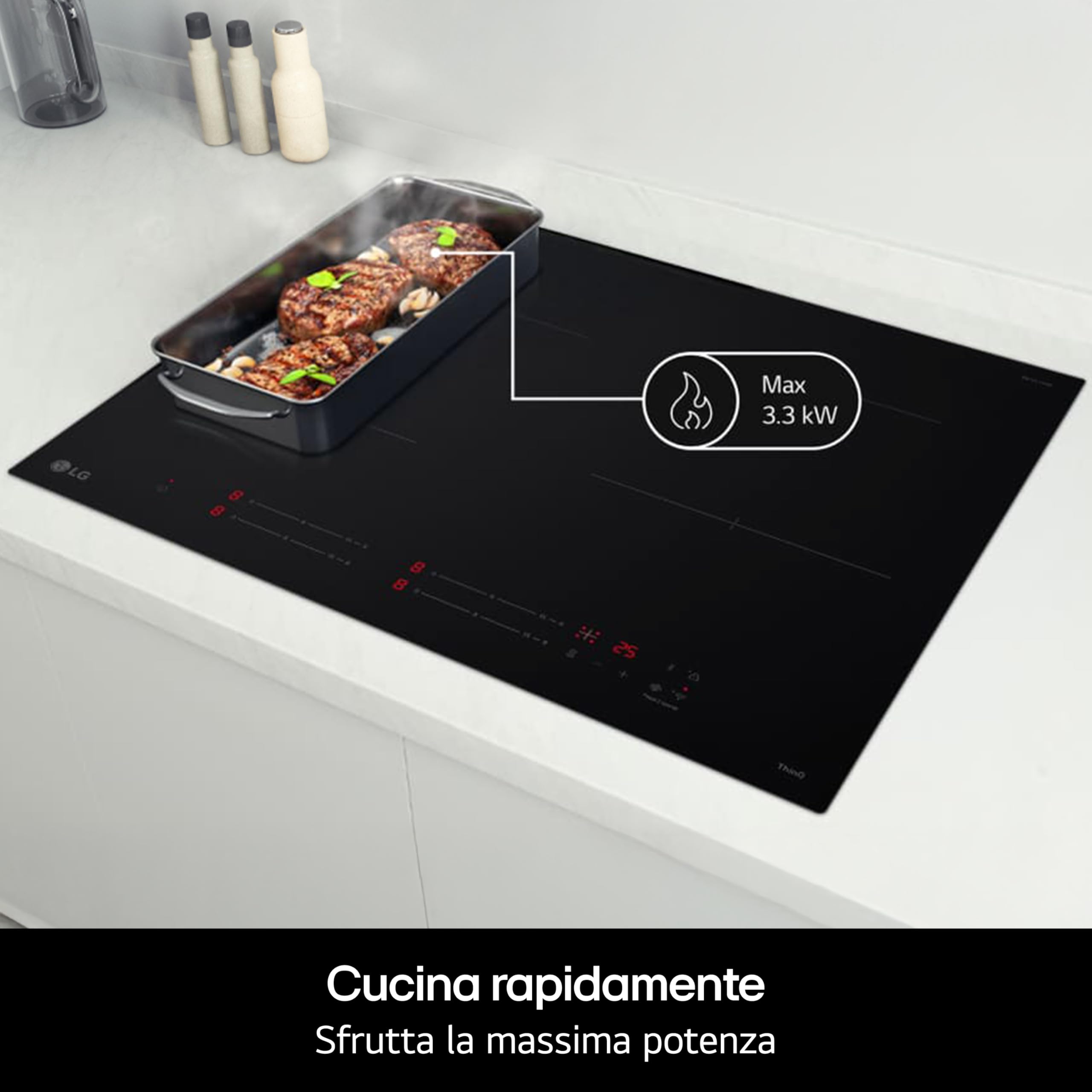 LG CI5Z3025BN Piano Cottura Induzione 75 cm, Potenza da 2.5 a 7.4kW, 4 Zone Totali, 1 Zona Flex, 15 Livelli di Potenza + Boost, Controlli Touch Slide Indipendenti, Wi-Fi, Vetro Ceramico, Nero