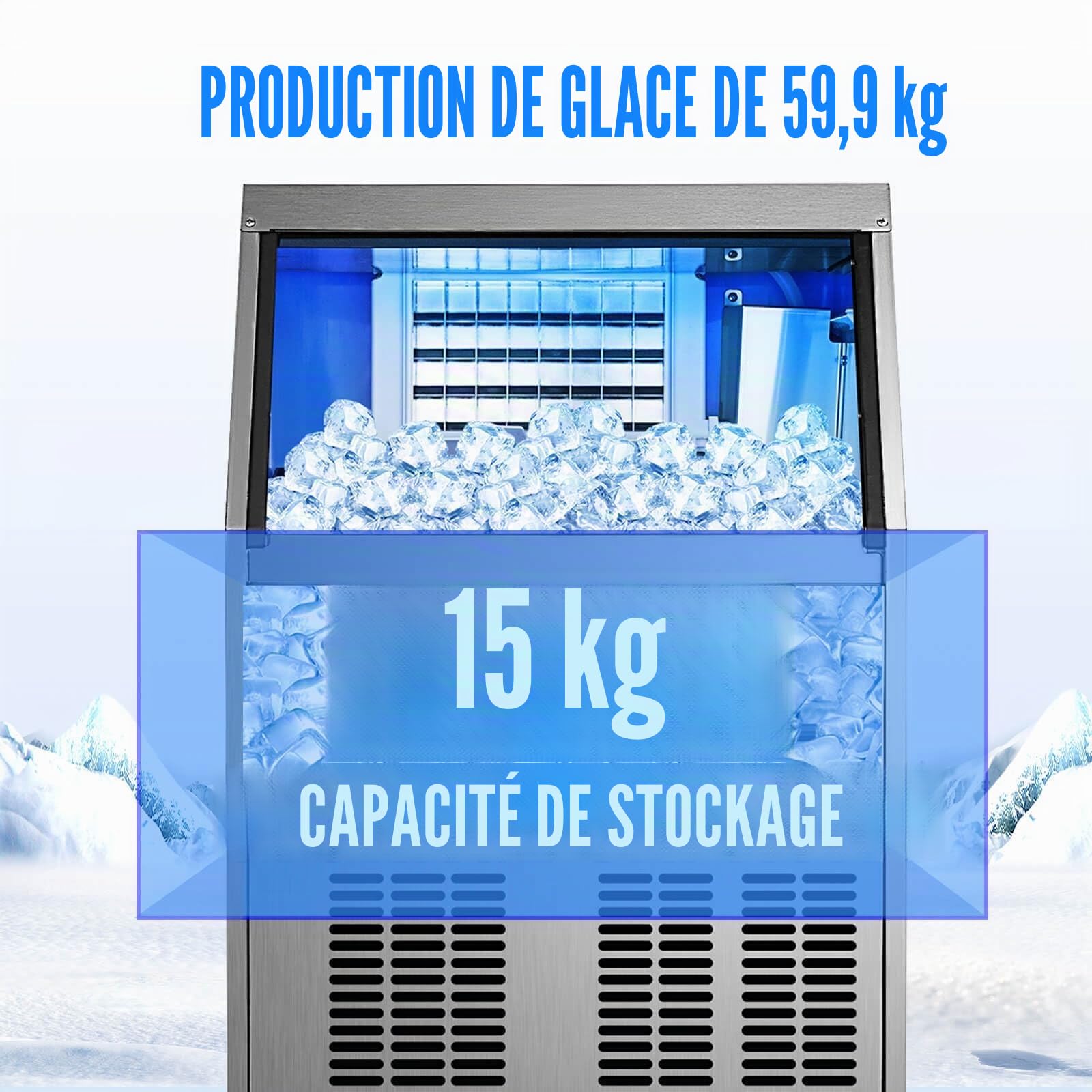 Machine à Glaçons Commerciale 1030W 200kg/24h Glace Machine Professionnel 160 Glaçons en 8-15 Minutes Écran LCD Storage de 59kg pour Maison Bureau Restaurant Bar Café (200Kg/24H)