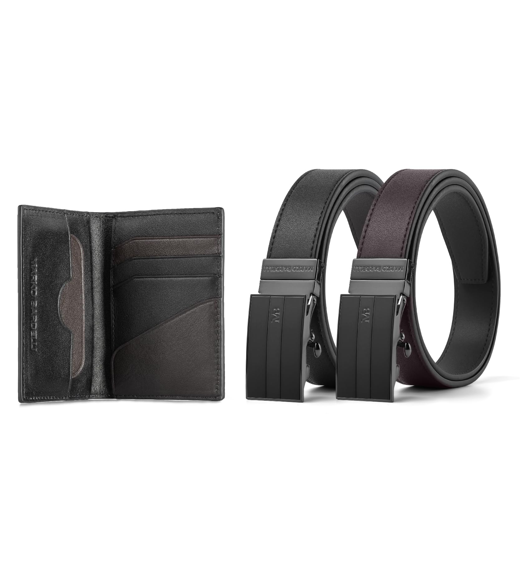 Marko Bardelli Men's Belt - Fully Adjustable Reversible Ratchet Style Belt 1 3/8" & Card Holder-100% Leather - Gift Box