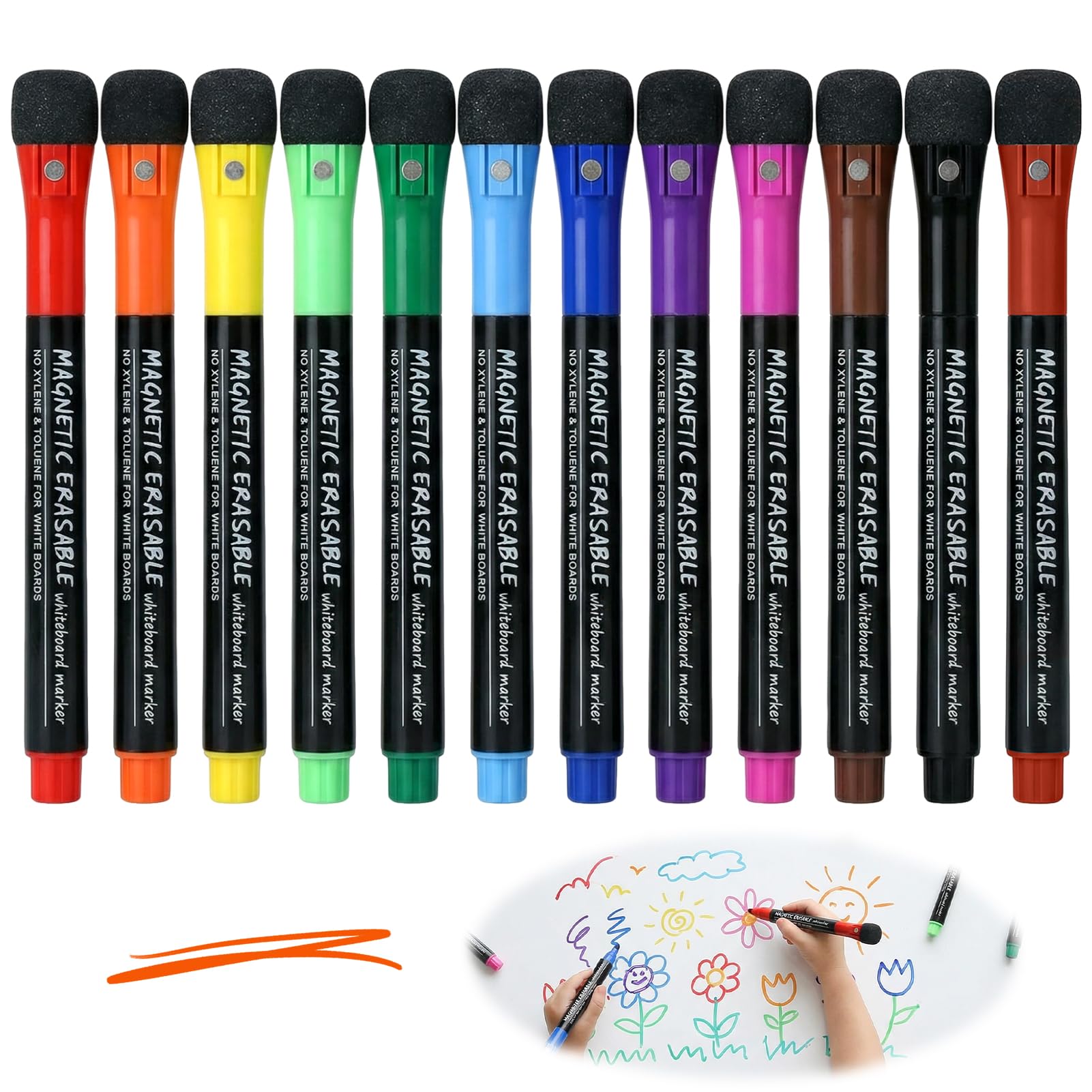 Nutfoam 12 Pack Magnetic Whiteboard Markers with Eraser, Fine Tip Dry Erase Pens Colour Set, Whiteboard Pens for Fridge, Planner, School, Office and Home