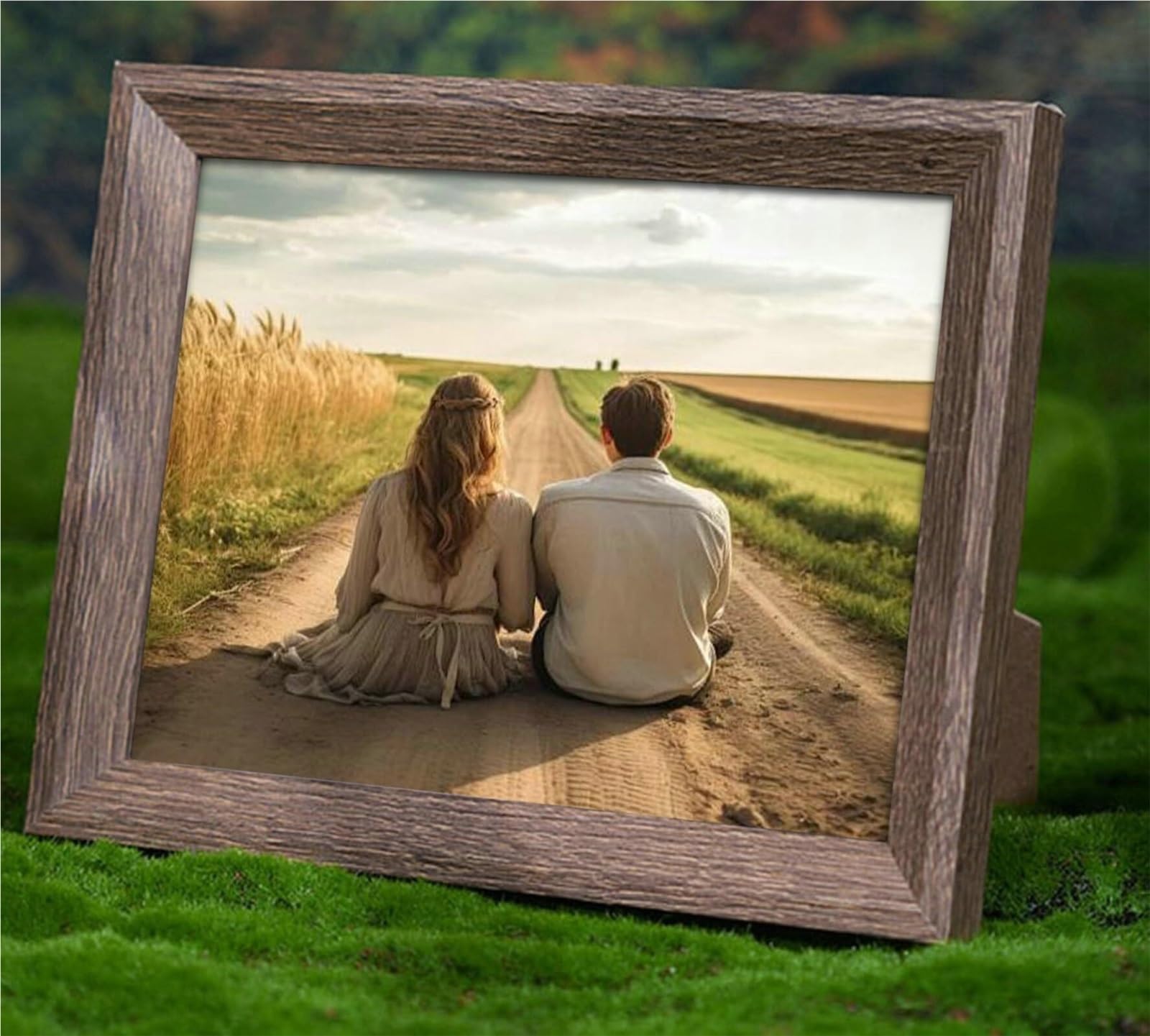 Cadre photo de table souvenir de mariage en bois de noyer grain gris chic