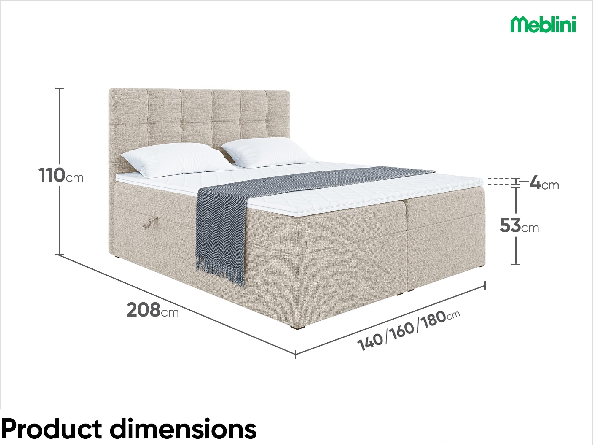 MEBLINI Boxspringbett mit Bettkasten - 180x200 - Gepolstert Doppelbett mit Matratze und Topper - Polsterbett mit Stauraum - Bett mit Kopfteil - Stauraumbett - NILS - H3/Beige Webstoff
