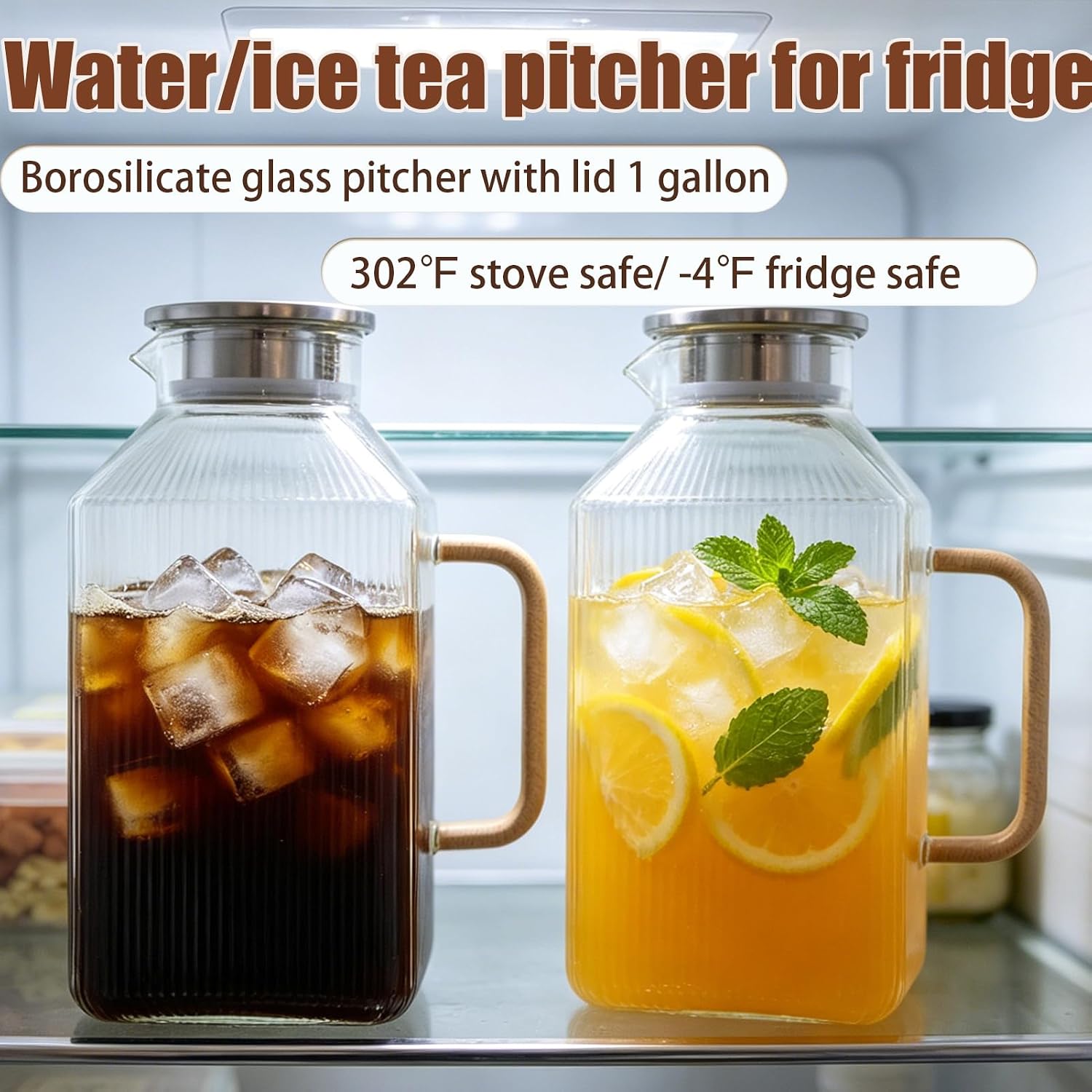 1 Gallon Glass Iced Tea Pitcher with Lid Fridge Square Water Juice Carafe