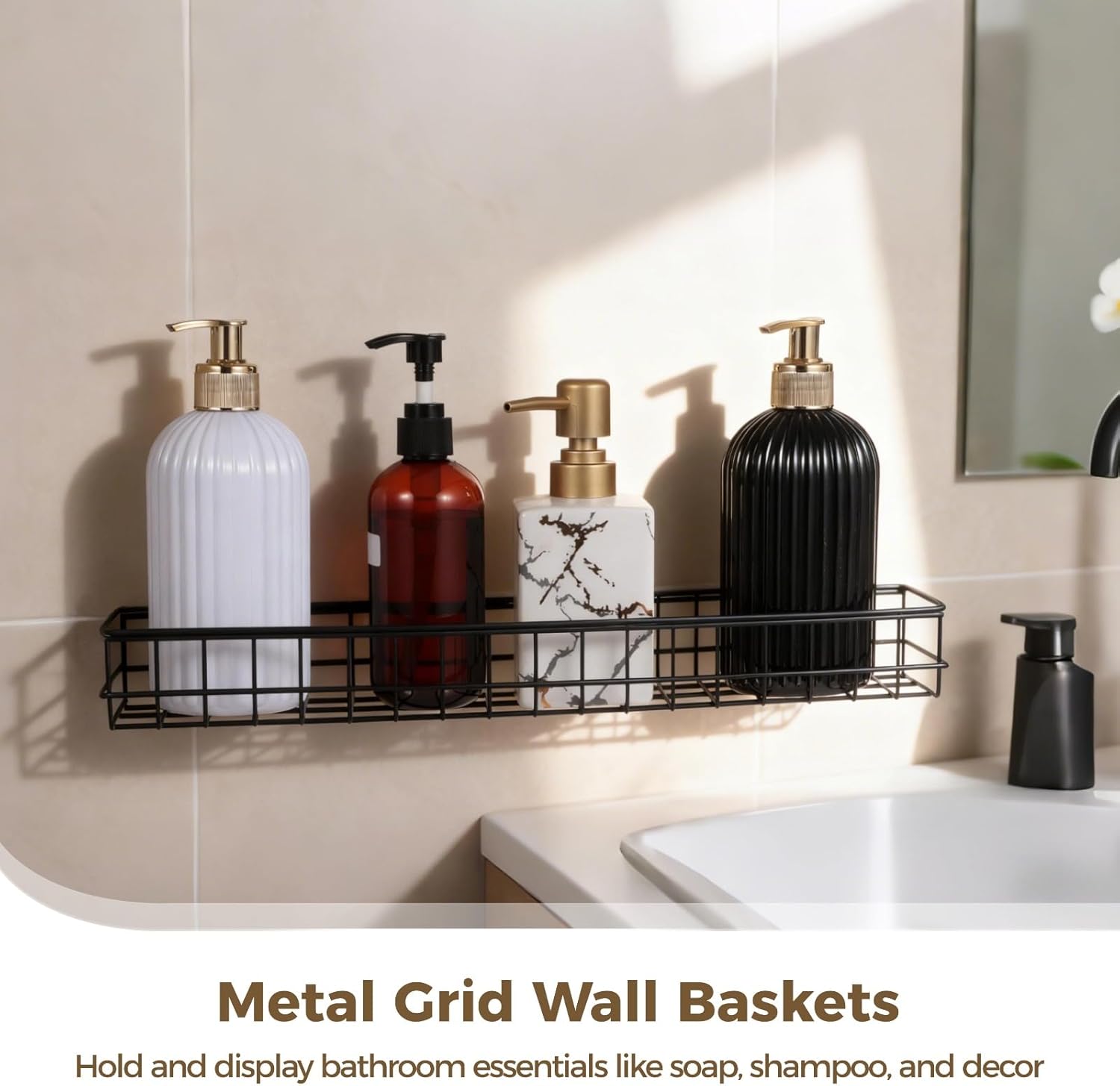 4 Pcs Metal Grid Wall Baskets with Hooks, 15.75 x 3.94 x 1.97 Inch Grid Wall Shelves Hanging Wire Basket Multi Function Storage Organizer for Kitchen Organizing Display (Black)