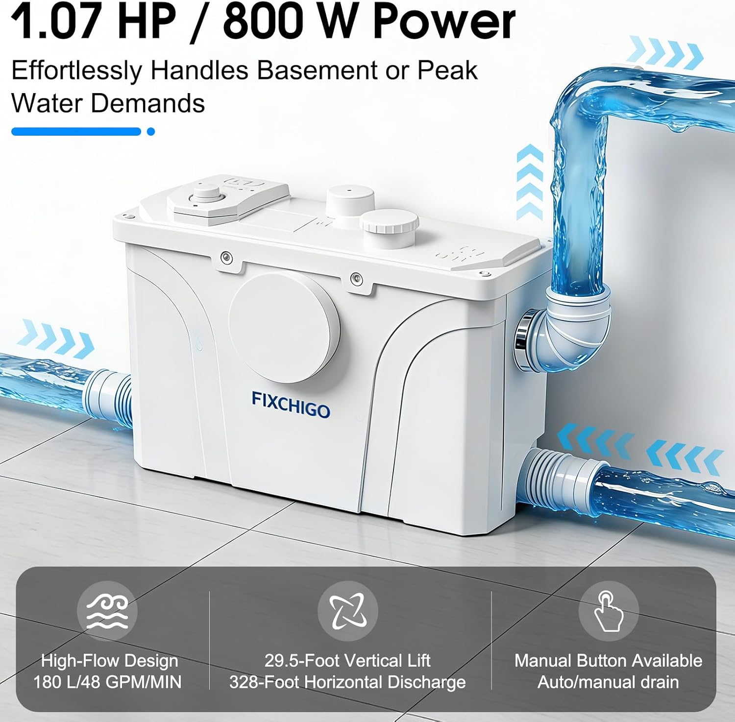 800W Macerator Pump, Macerating Toilet System with 4 Inlets/1 Outlets, 48 GPM Flow, 29.5 FT Head, PCB Smart Control Sewage Pump for Basement, Sink, Toilet, Laundry, Kitchen