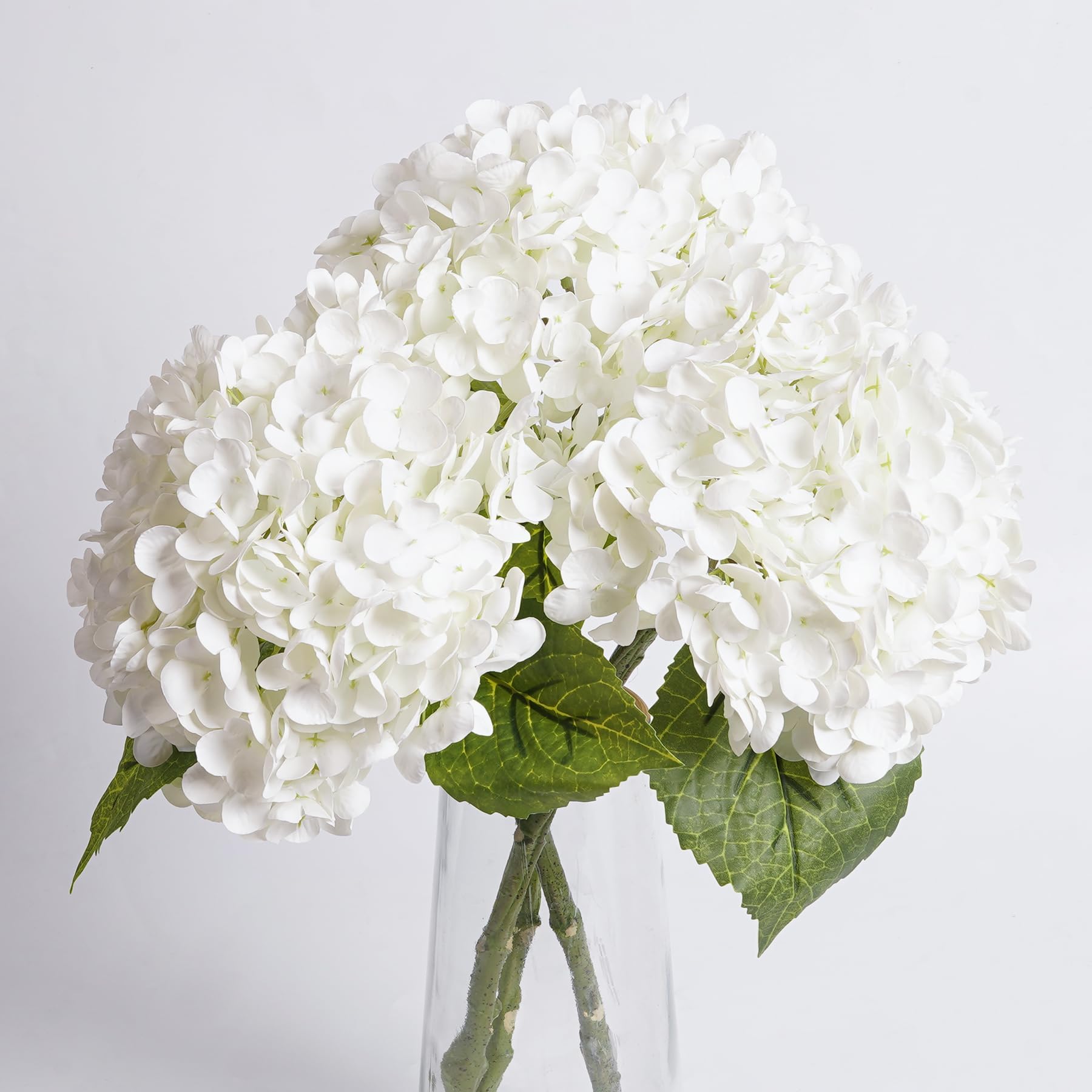 3 Pcs Hydrangea Artificial Flowers Realistic Latex Faux Hydrangeas Flowers Real Touch Full Heads, Lifelike Long Stem & Leaves for Wedding Outdoor Table Centerpieces Home Party Decoration (White)