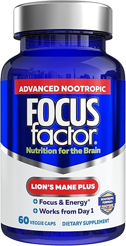 Focus Factor Lions Mane Plus, nootrópico avanzado con L-teanina, cafeína, enfoque y energía (60 unidades)