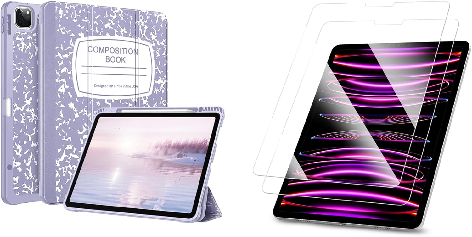 Fintie Bundle: Fintie SlimShell Case for iPad Pro 12.9" 6th/5th/4th/3rd Gen - [Built-in Pencil Holder] Soft TPU Back Cover + [2-Pack] Tempered Glass Screen Protector