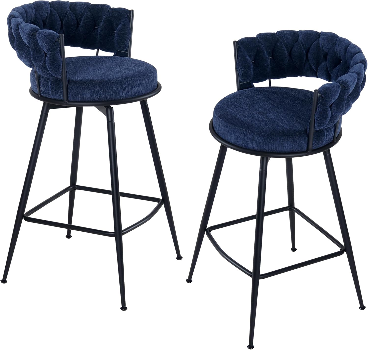 YOUNIKE Bar Stools Set of 2, 28.7 inch Seat Height Bar Chairs, 360° Swivel Counter Height Barstools with Woven Back, Upholstered Chenille Fabric Counter Stools for Kitchen Island, Pub (Navy Blue)