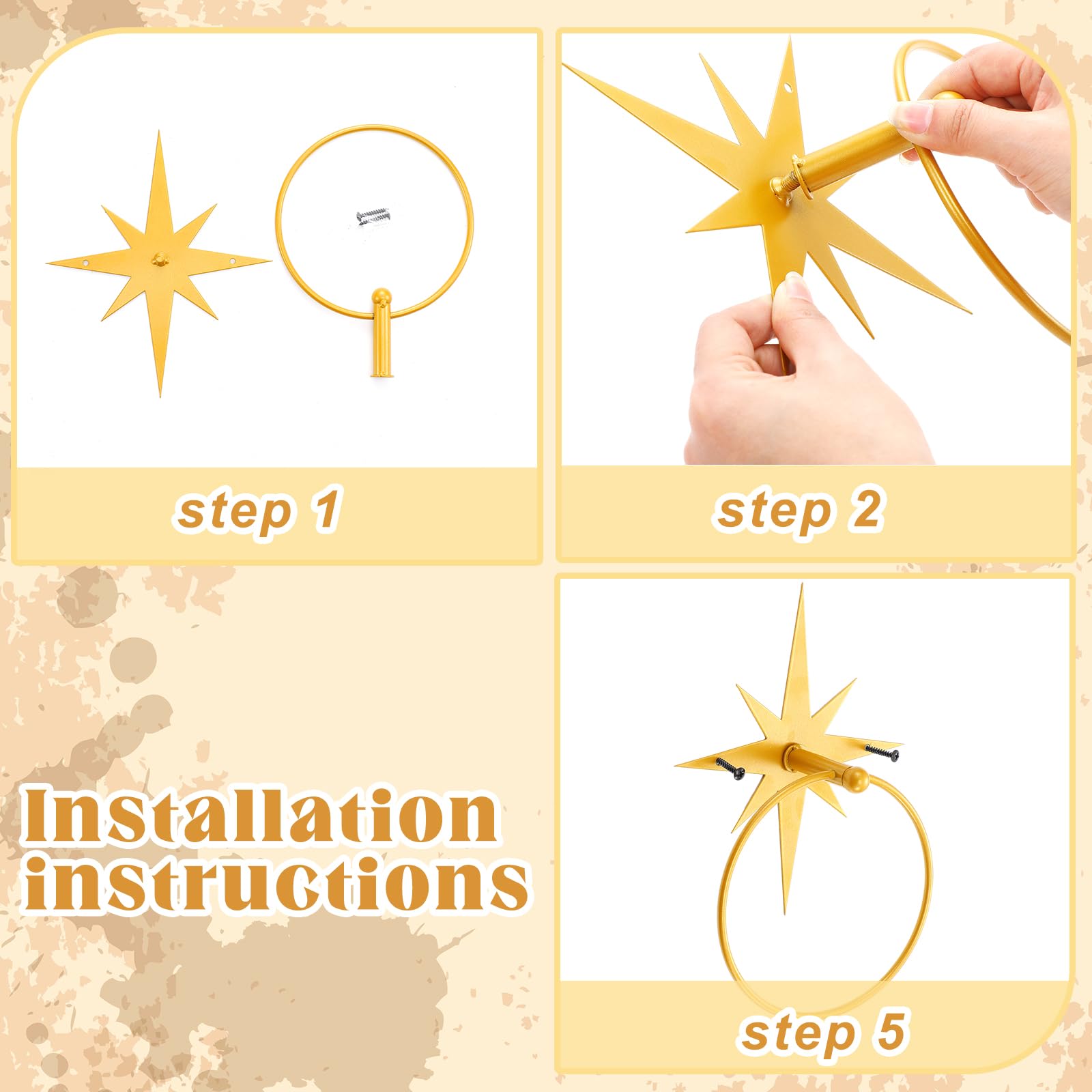 Reallnaive Soporte de anillo de toalla de mediados de siglo para baño, moderno dorado atómico, soporte de toalla de mano Starburst de mediados de siglo, accesorios de baño retro decoración de baño