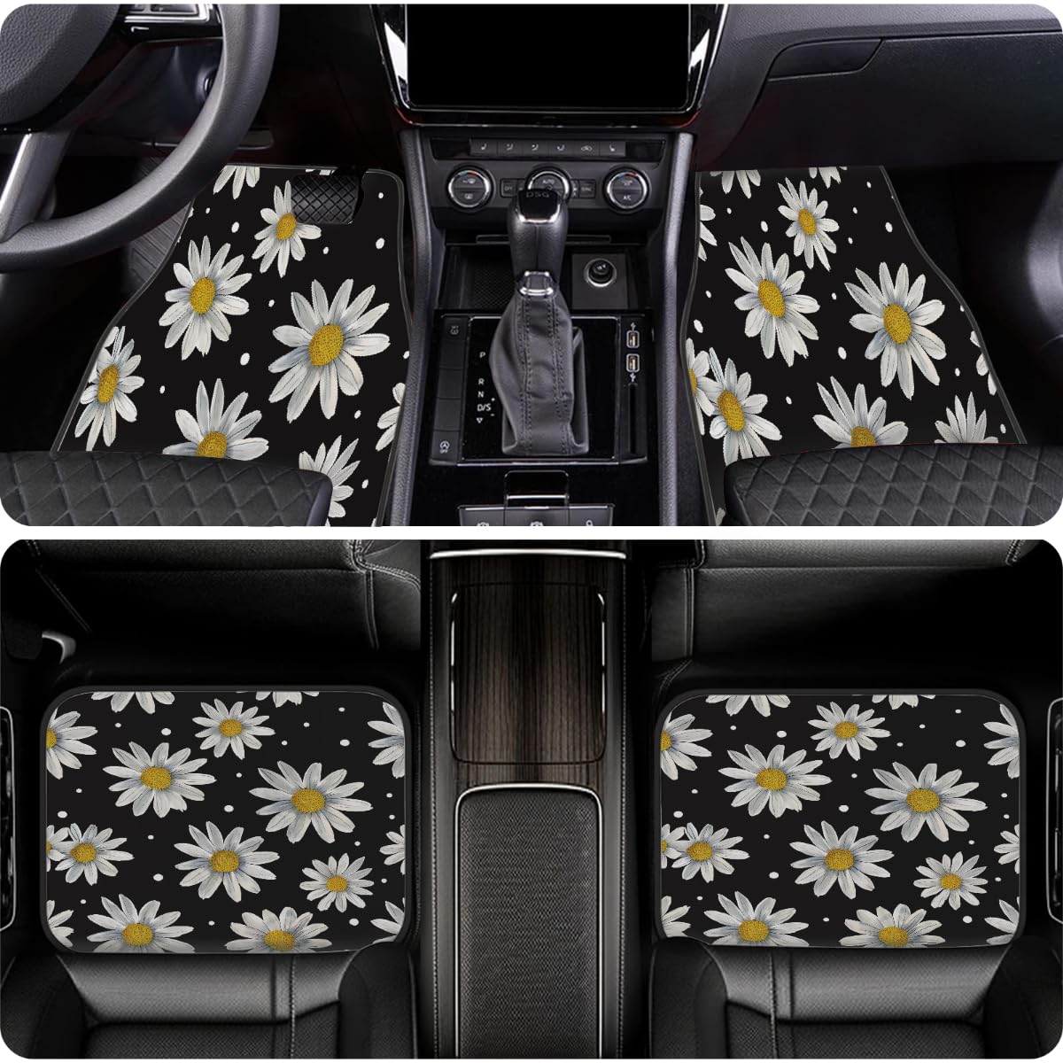 Lot de 4 tapis de voiture universels en polyester imprimé marguerites blanches pois noirs avec dos antidérapant pour voitures, SUV, camions et camionnettes
