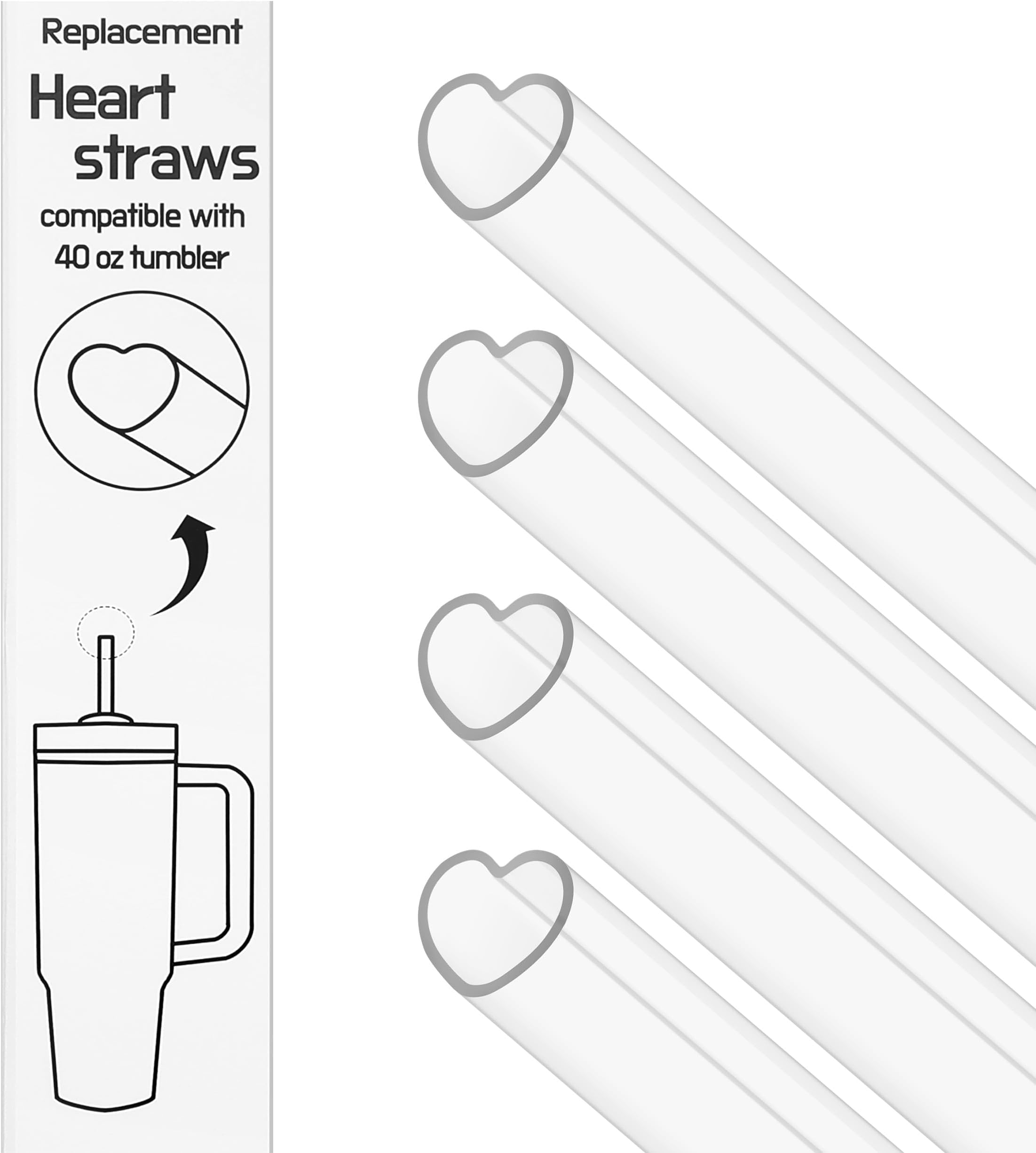 12 Inch Reusable Straws for Stanley Cup 40 oz & 30 oz Tumbler Accessories - Tritan Cute Heart Straws Drinking Plastic Replacement Extra Long straw 4-Pack with cleaning brush