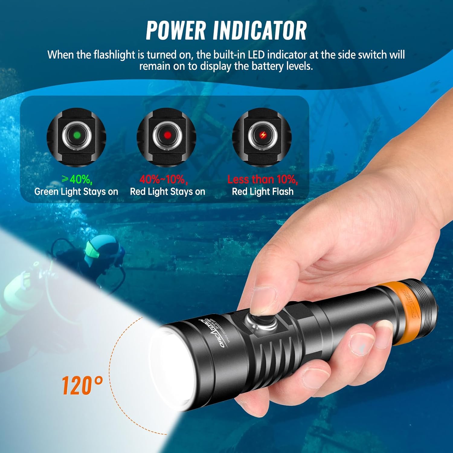 ORCATORCH D710V MK2 2300 Lumens Upgraded Underwater Video Light, White Red Violet Tri-Color, 120-Degree Wide Beam Scuba Flashlight for Dive Photography Fill Light and Fluorescent Night Diving - Image 4