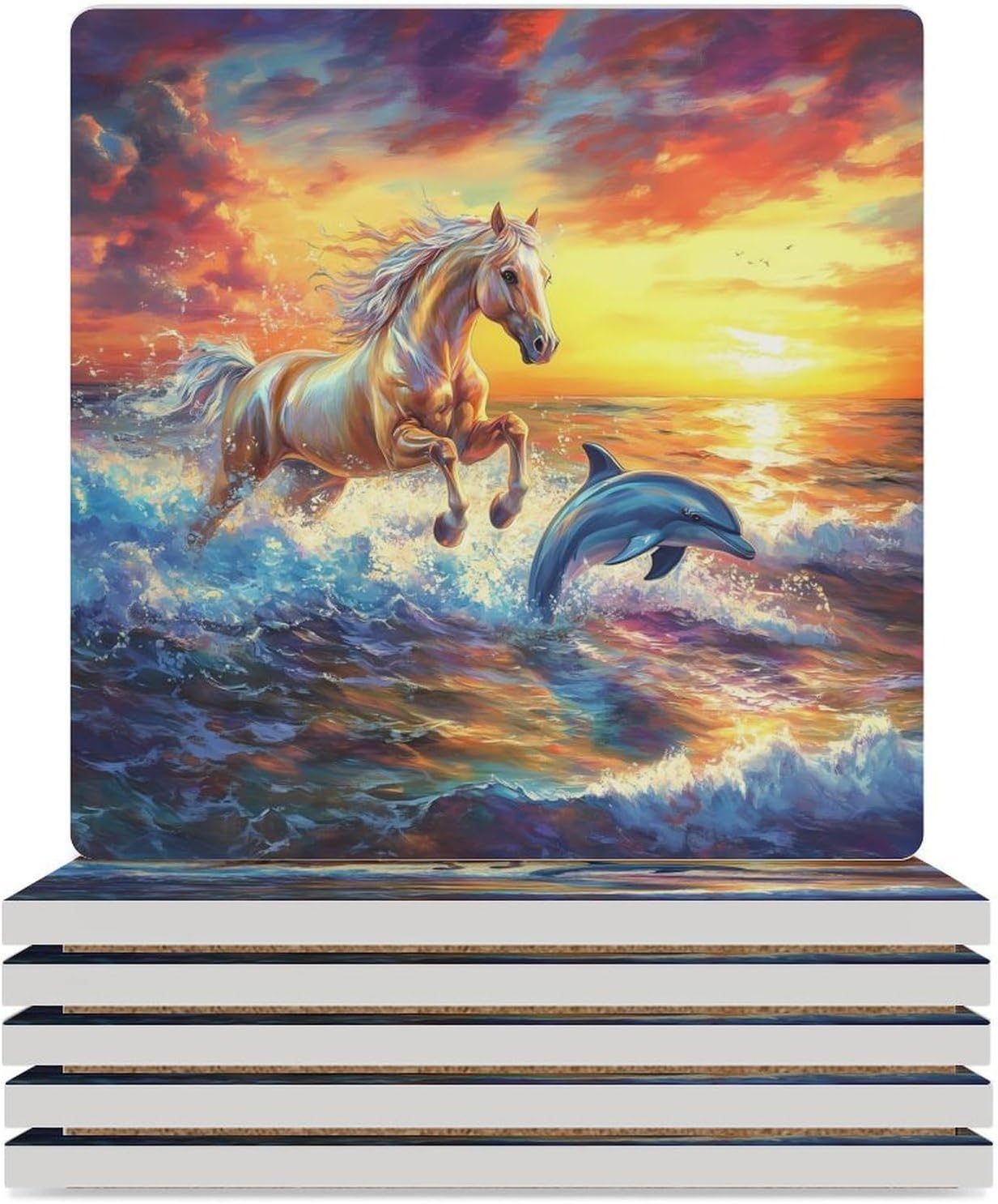 Horse Dolphin Sunset Funny Ceramic Coasters for Drink Absorbent Cup Holders Tabletop Protection