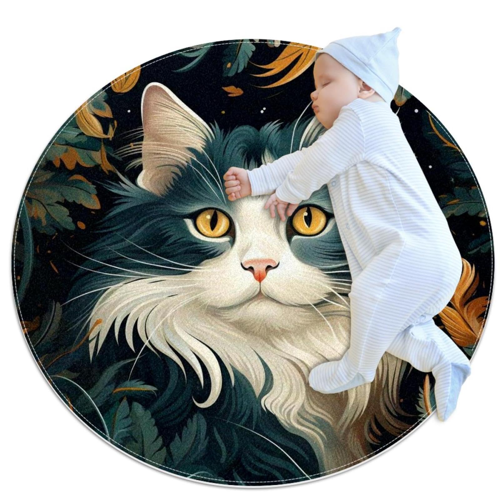 Tapis paon rond pour chambre d'enfant et salon au design œil jaune unique