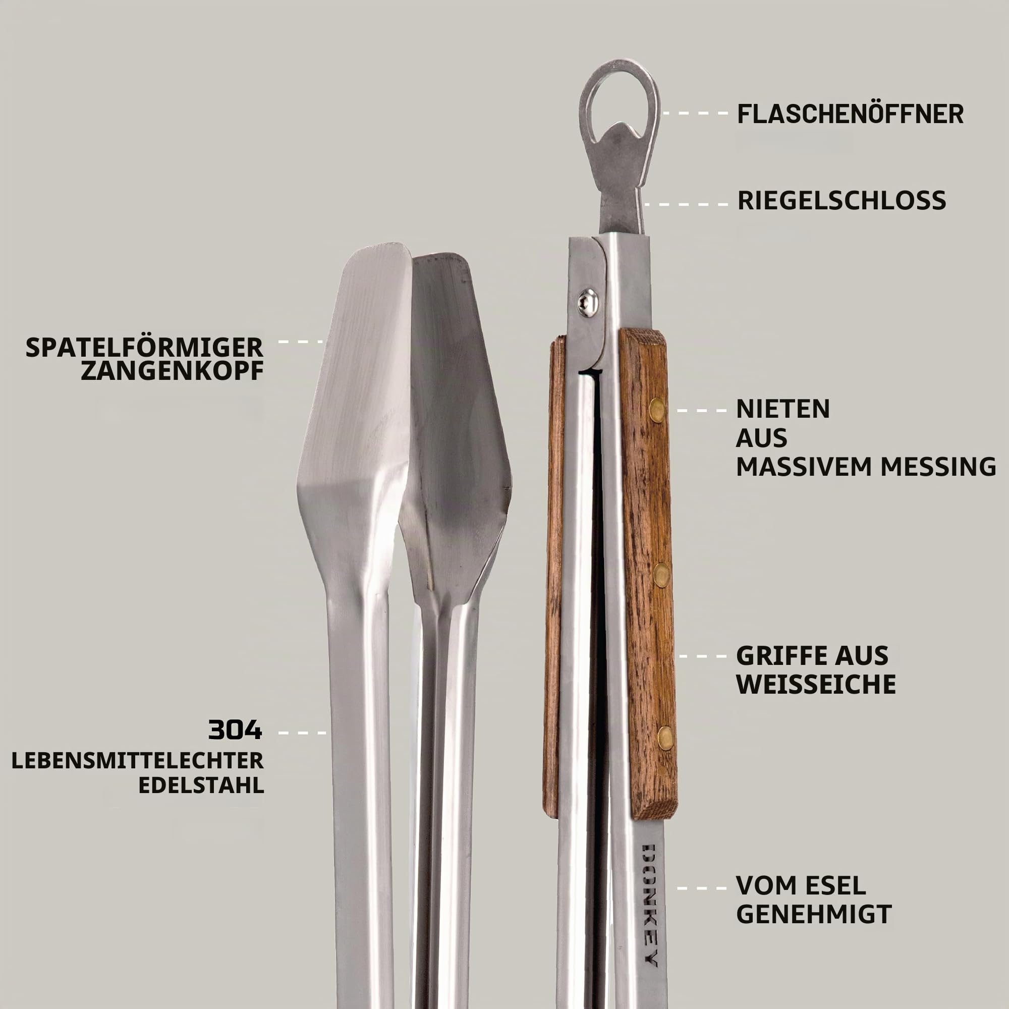 Donkey Tong 68,6 cm robuste Grillzange | Extra lange Grillzange mit Eichenholzgriff | Handgefertigte Fleischzange aus Edelstahl zum Grillen, Räuchern, Holzkohle & Lagerfeuer Kochen | Grillgeschenk für