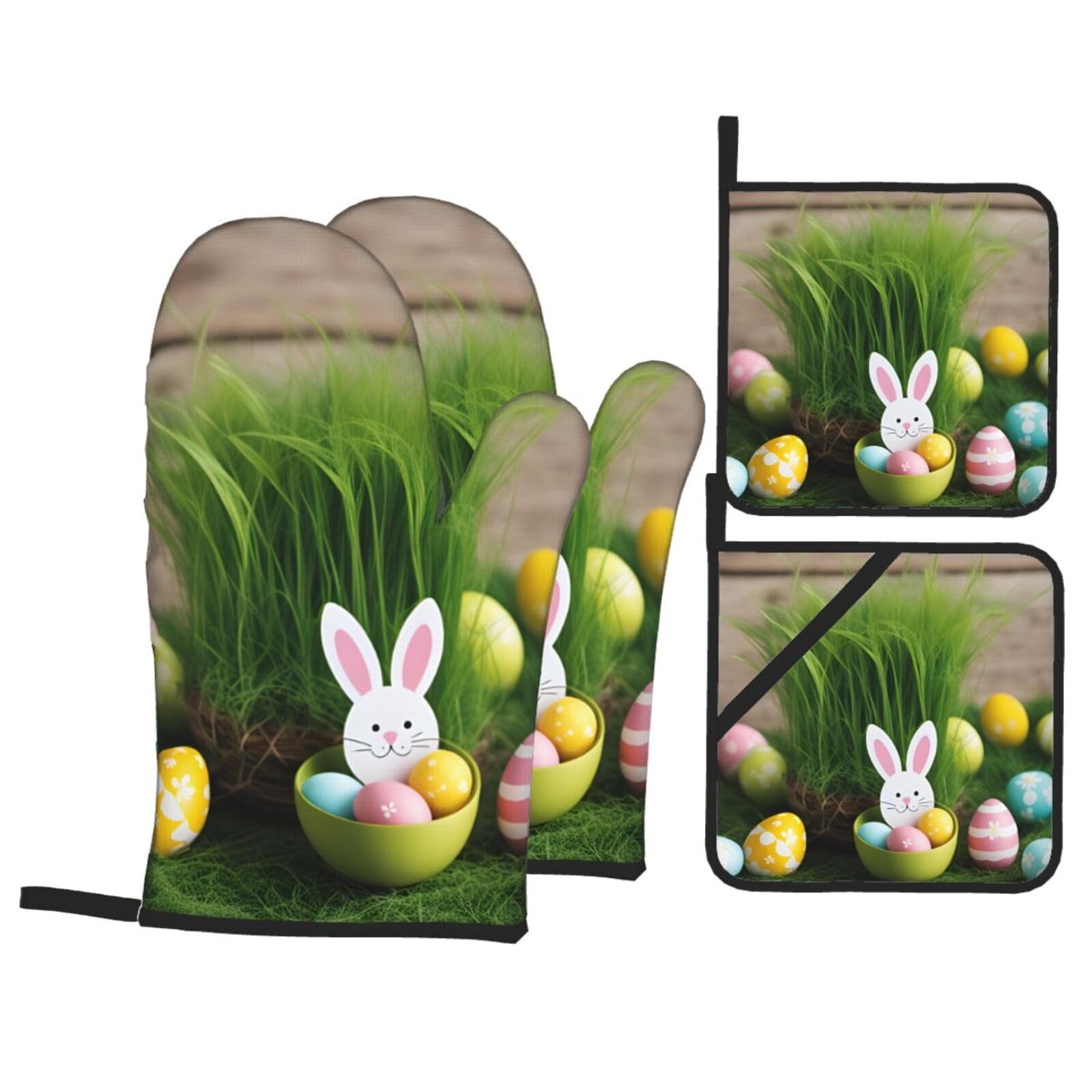 Easter Egg Bunny Grass Wooden Print 4-Piece Oven Microwaving Set Kitchen Gloves for Holiday Cooking Baking Grilling