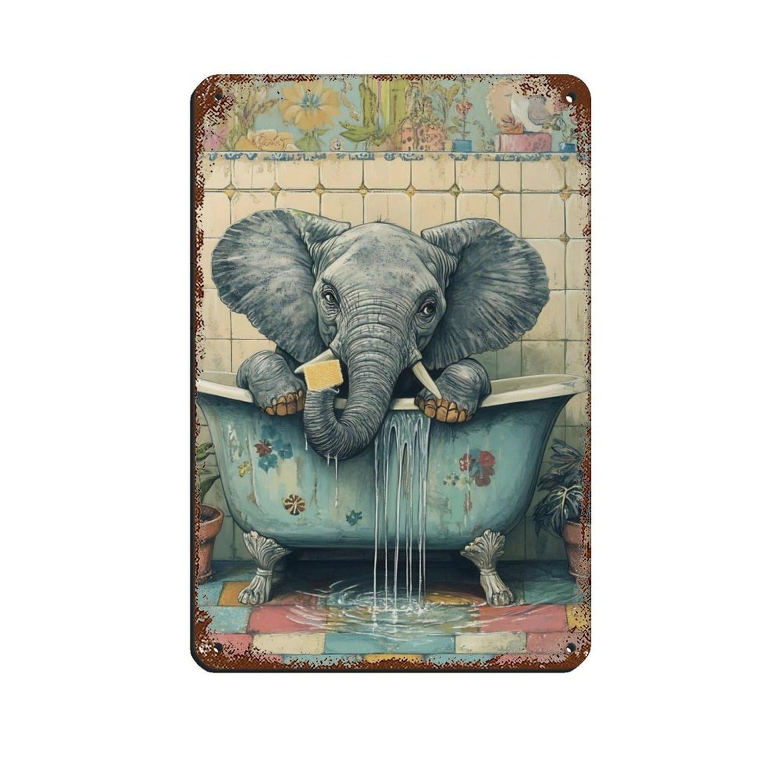 Quirky Elephant in Bathtub Retro Poster Metal Tin Sign Chic Art Retro Iron Painting Bar People Cave Cafe Family Garage Poster Wall Decoration 8x12inch(20x30cm)