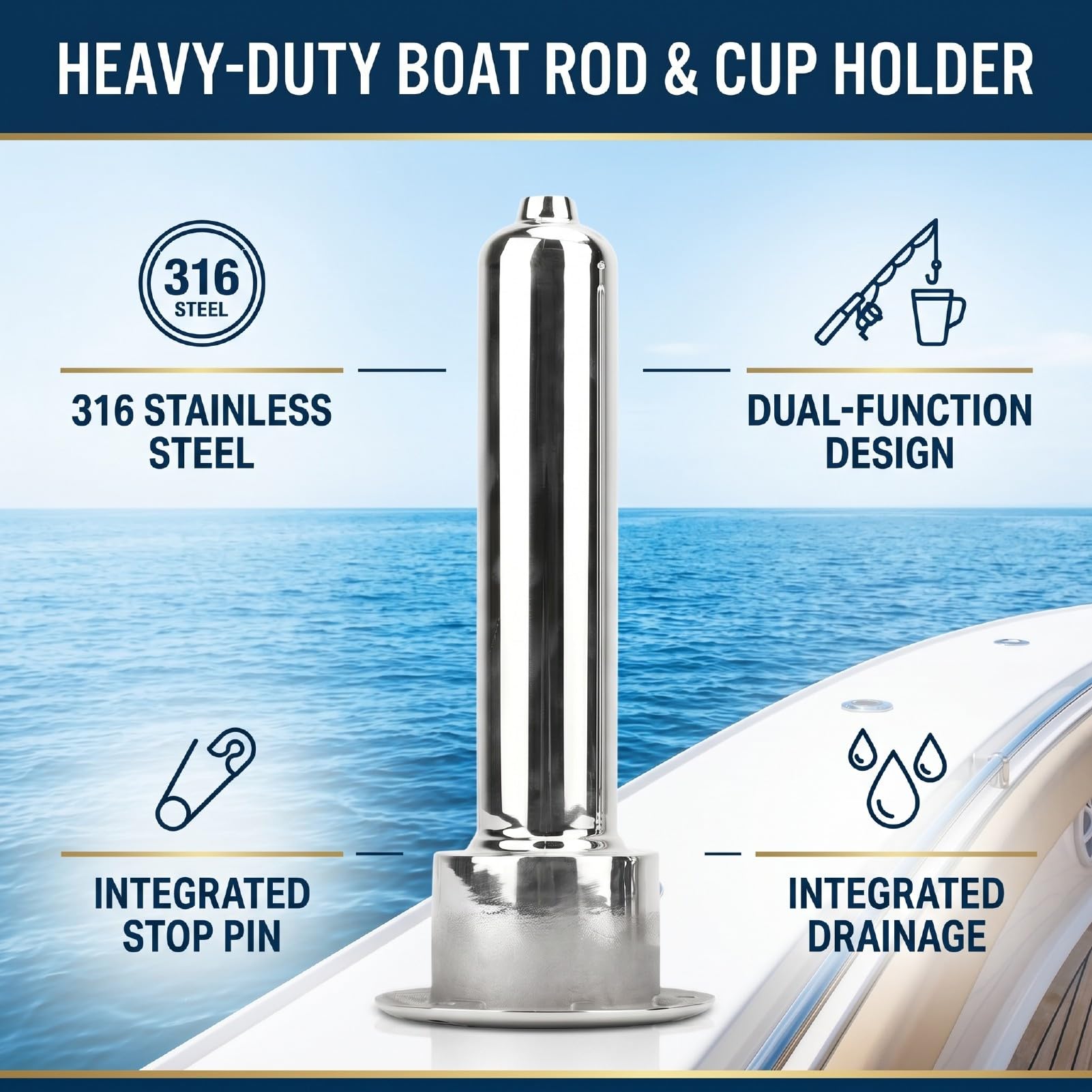 Akozon Portacanne per Barche da Pesca 2 Pezzi, Supporto da Incasso in Acciaio Inox 316 con Tubo 40mm e Apertura 78mm per Yacht e Pesca