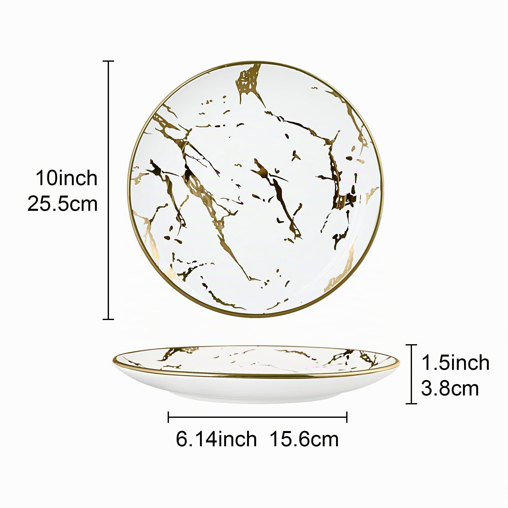 fanquare Set di 4 Piatti Piani in Marmo Dorato da 25 cm, Piatti per Pasta Grandi in Ceramica, Servizio da Tavola Bianco per La casa, Picnic