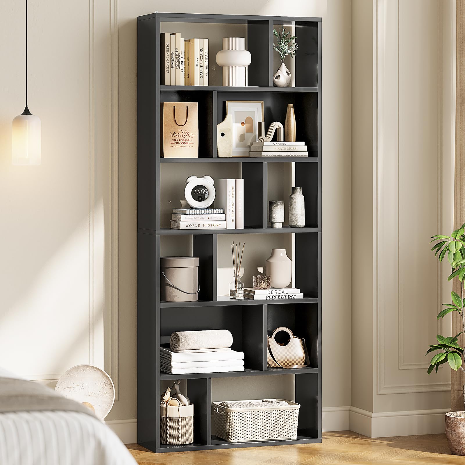 Bibliothèque, Étagère à 6 Niveaux, Cloison Séparateur, Présentoir, Meuble de Rangement avec 12 Compartiments Ouverts pour Salon, Chambre, Bureau, 24 x 60 x 173 cm, Noir