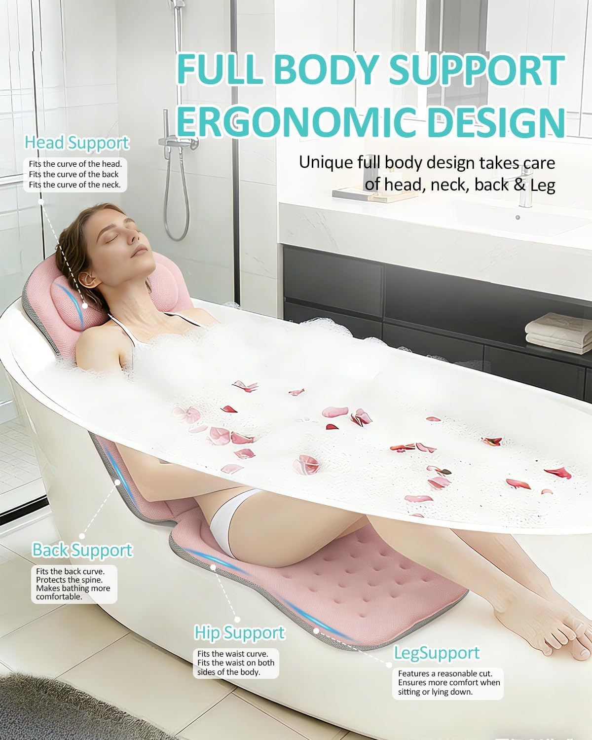 Full Body Bath Pillow for Bathtub, 5D Thick Tub Pillow for Bathtub with 192 Non-Slip Suction Cups, Laundry Bag & Hook, Bathtub Pillow for Head, Neck & Back Support (Pink, 51"*15")