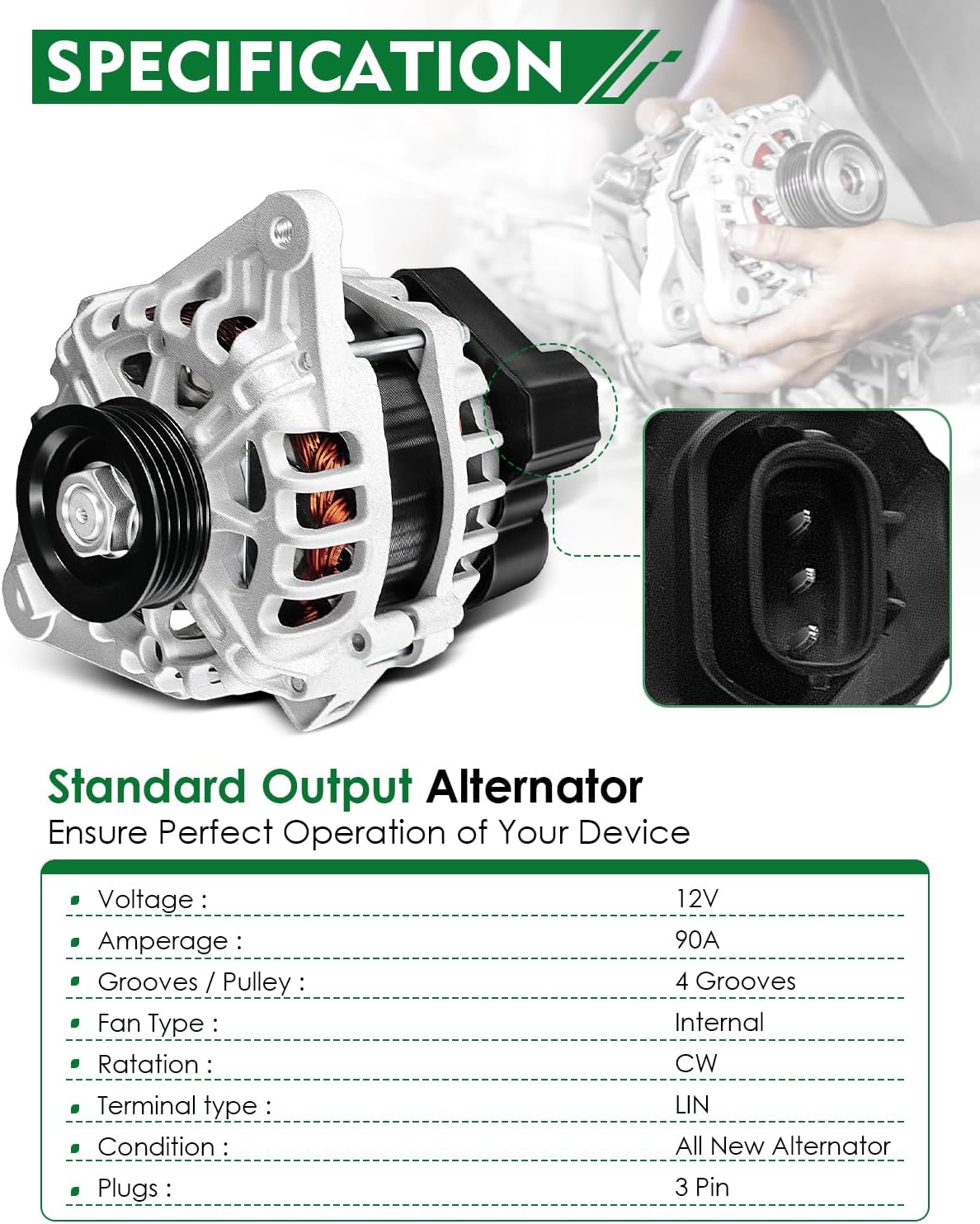 Alternator for Kia Spectra Spectra5 2007-2009 2.0L, Soul 2010 2011, for Hyundai Elantra 2007-2012, 12V 90Amp Replace OE# 2655635, 600162, 40046020, 37300-23650, 40046031, 11311N