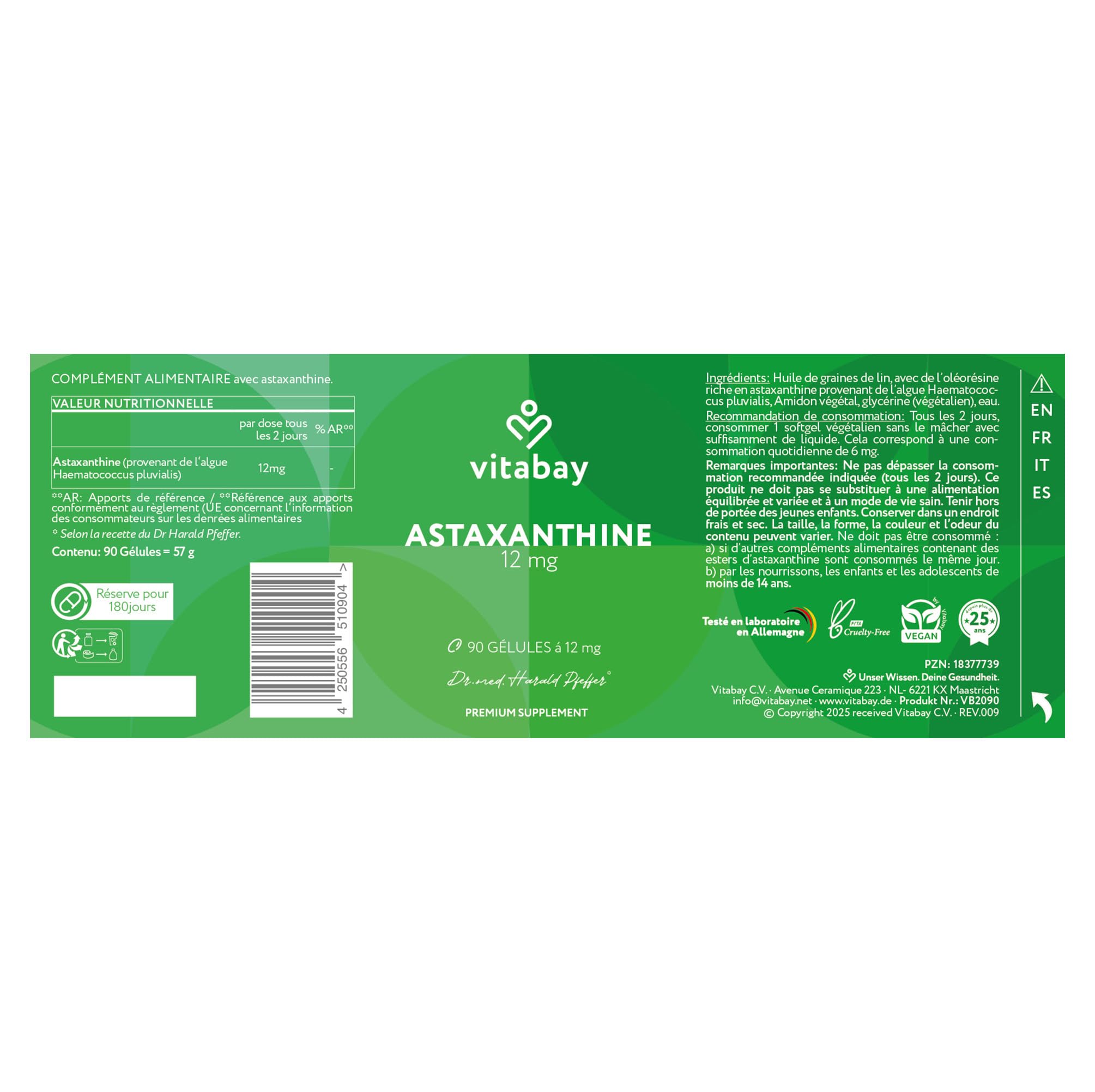 Vitabay Astaxanthine 12 mg hautement dosée – 90 capsules softgel véganes – testée en laboratoire & sans additifs – naturellement issue d’extrait d’algue Haematococcus pluvialis – réserve pour 6 mois