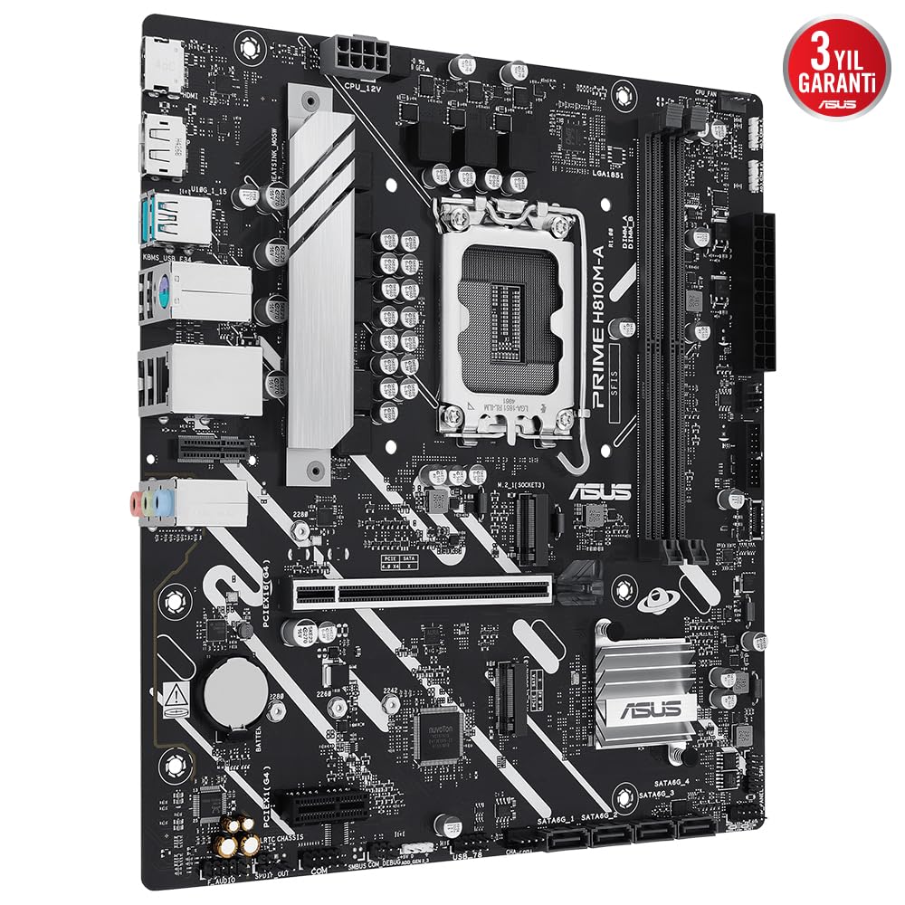 ASUS PRIME H810M-A-CSM, carte mère Intel mATX, 6+1+1+1 phases d'alimentation, emplacement DDR5, PCIe 4.0, 2 emplacements M.2, Ethernet Intel 16 Go, DisplayPort, HDMI, USB-A 10 Gbps, USB-C 5 Gbps, noir