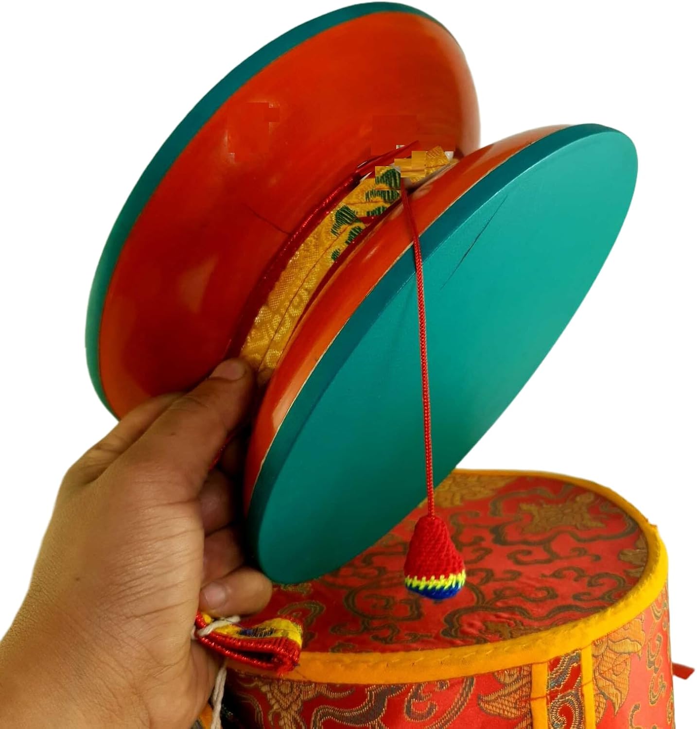 Tibetan Chod Damaru Round, Large, Wooden Leather, With Brocade Damaru Drum Cover Damaru Brocade Tail - Nepali Authentic Design Hand Carved Folk Musical Instrument for All Age Musicians