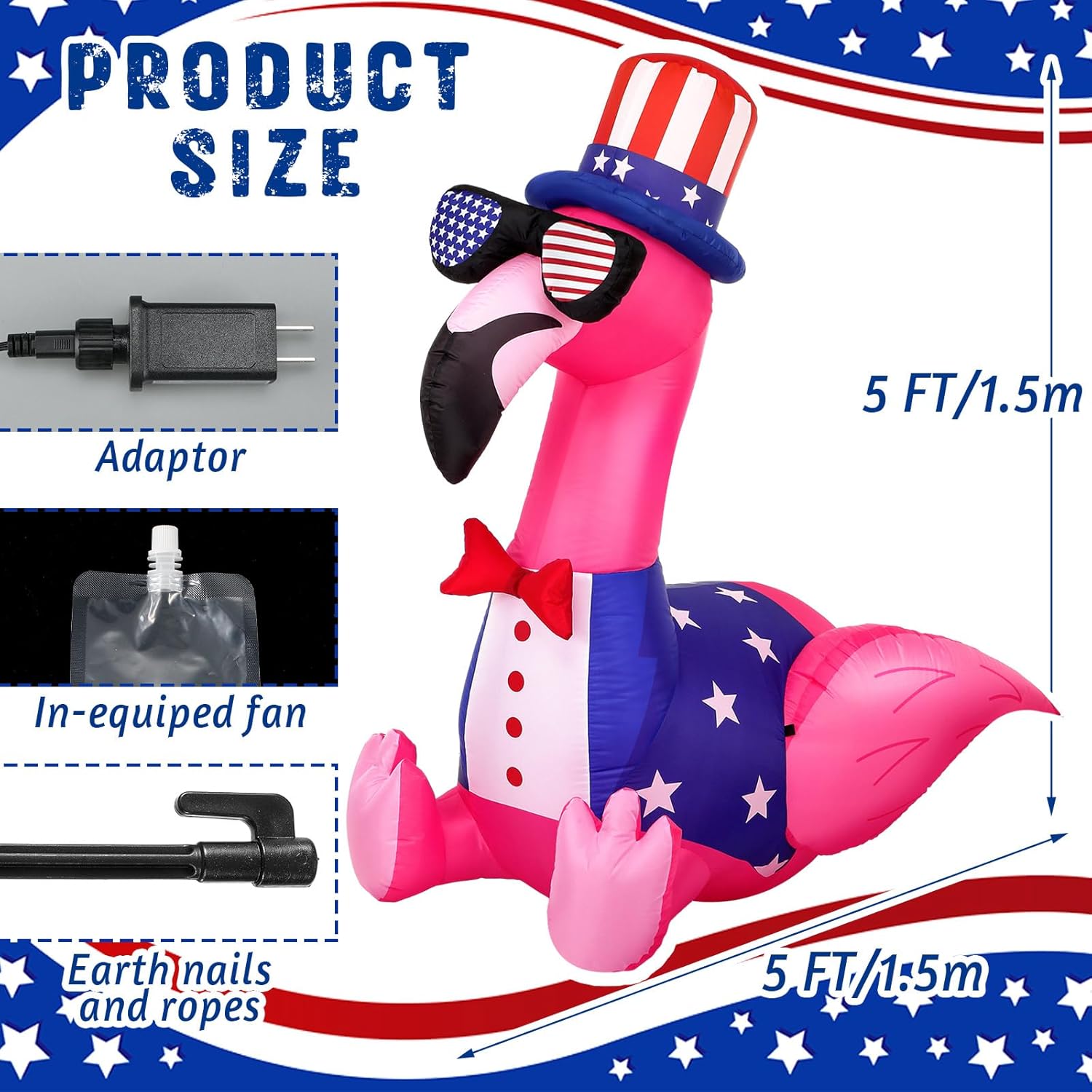 Leyndo 5 ft 4th of July Inflatables Outdoor Decorations Flamingo Patriotic Inflatables Independence Day Blow up with Built-in LEDs Lights for Yard Garden Lawn Memorial Holiday Party Decor