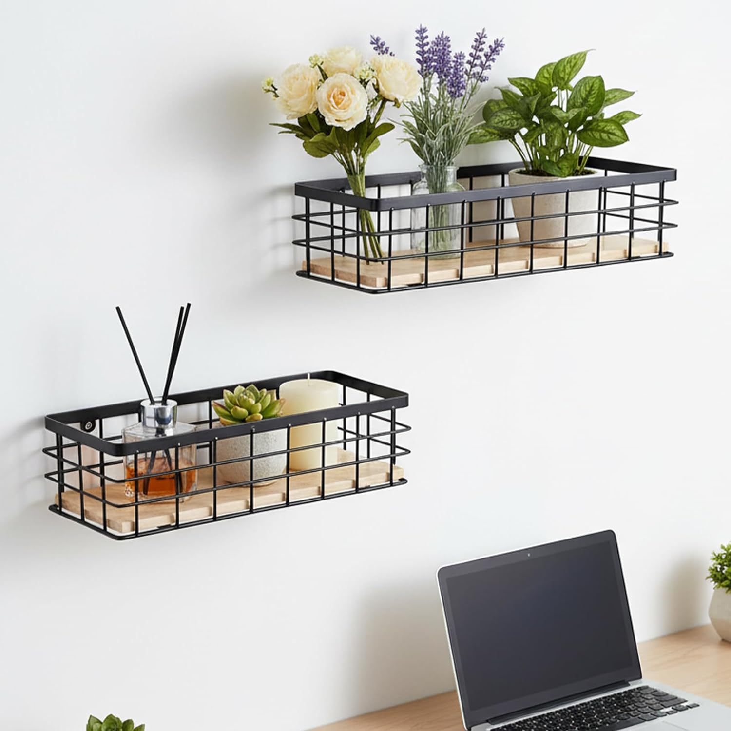 2 Pcs Small Metal Wire Basket Wall Hanging Wire Basket Hang Small Bathroom Kitchen Storage Organizer Toilet Paper Mesh Storage Bin Shelf Rack with Base(Black,10 x 4.1 x 2.7 Inches)