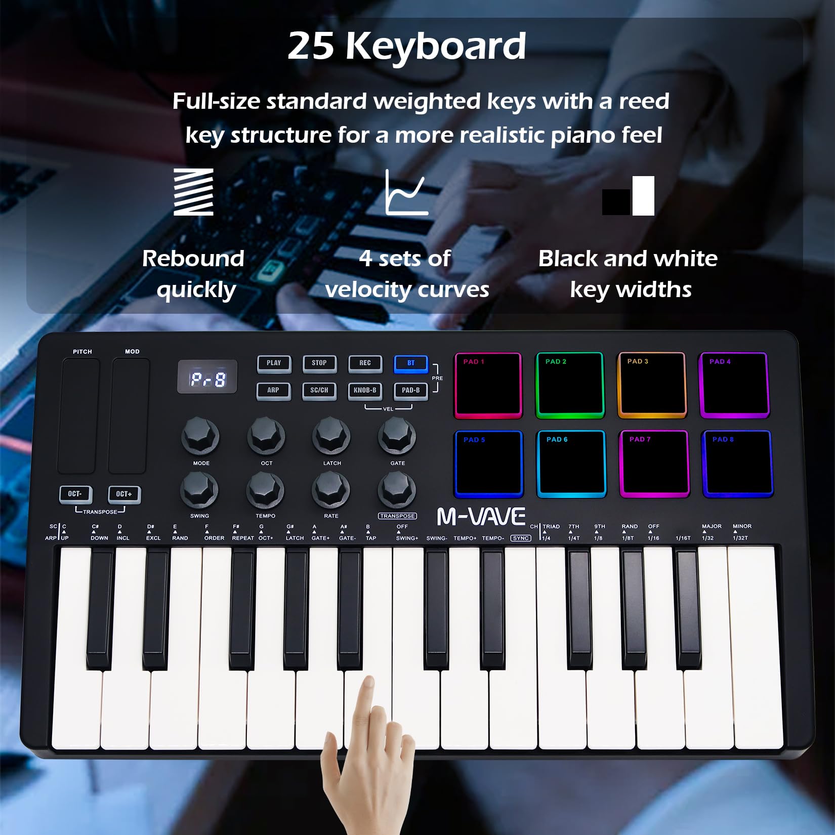 M-VAVE 25 tasti 8 retroilluminati Drum Pads Tastiera MIDI - Beat Maker professionale e Keytar per la produzione musicale Tastiera Batteria integrata Connessione wireless, Nero, MIDI 8 PADS