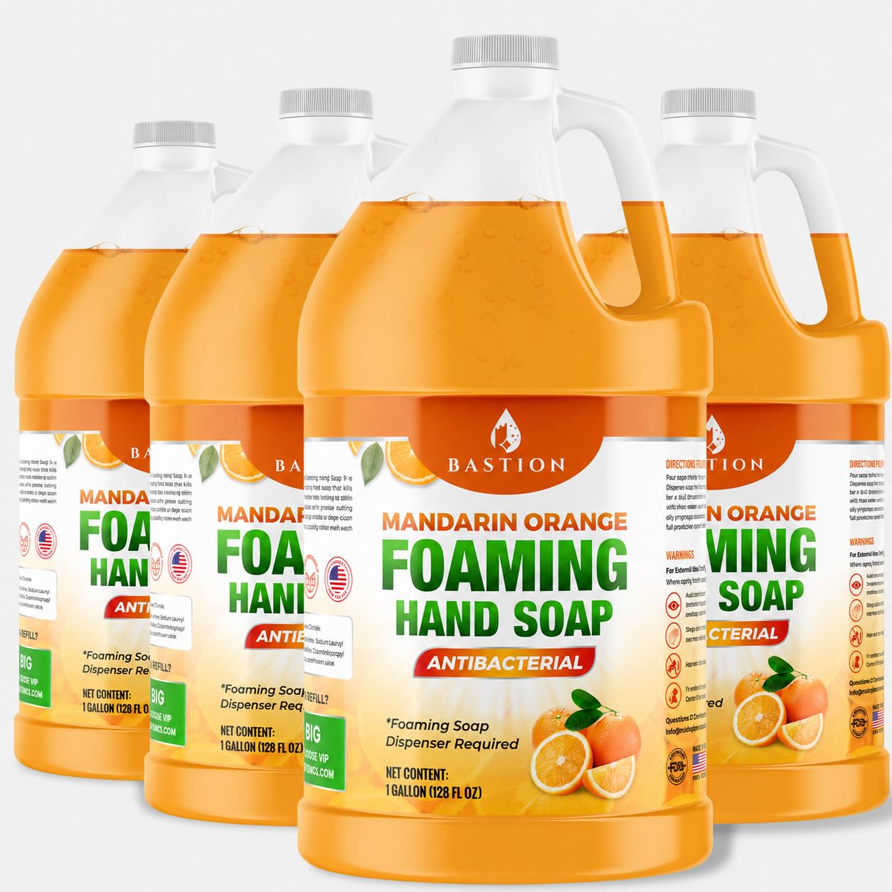 Bastion Foaming Antibacterial Hand Soap: Mandarin Orange Scented Refill 4 Gallons (512 oz) Bulk Hand Wash
